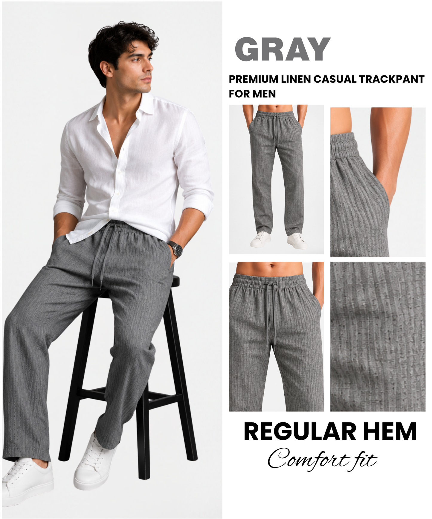Men’s Premium Linen Striped Textured Pants (210 GSM) | 1 Side Zipper Pocket & 1 Side Open Cross Pocket