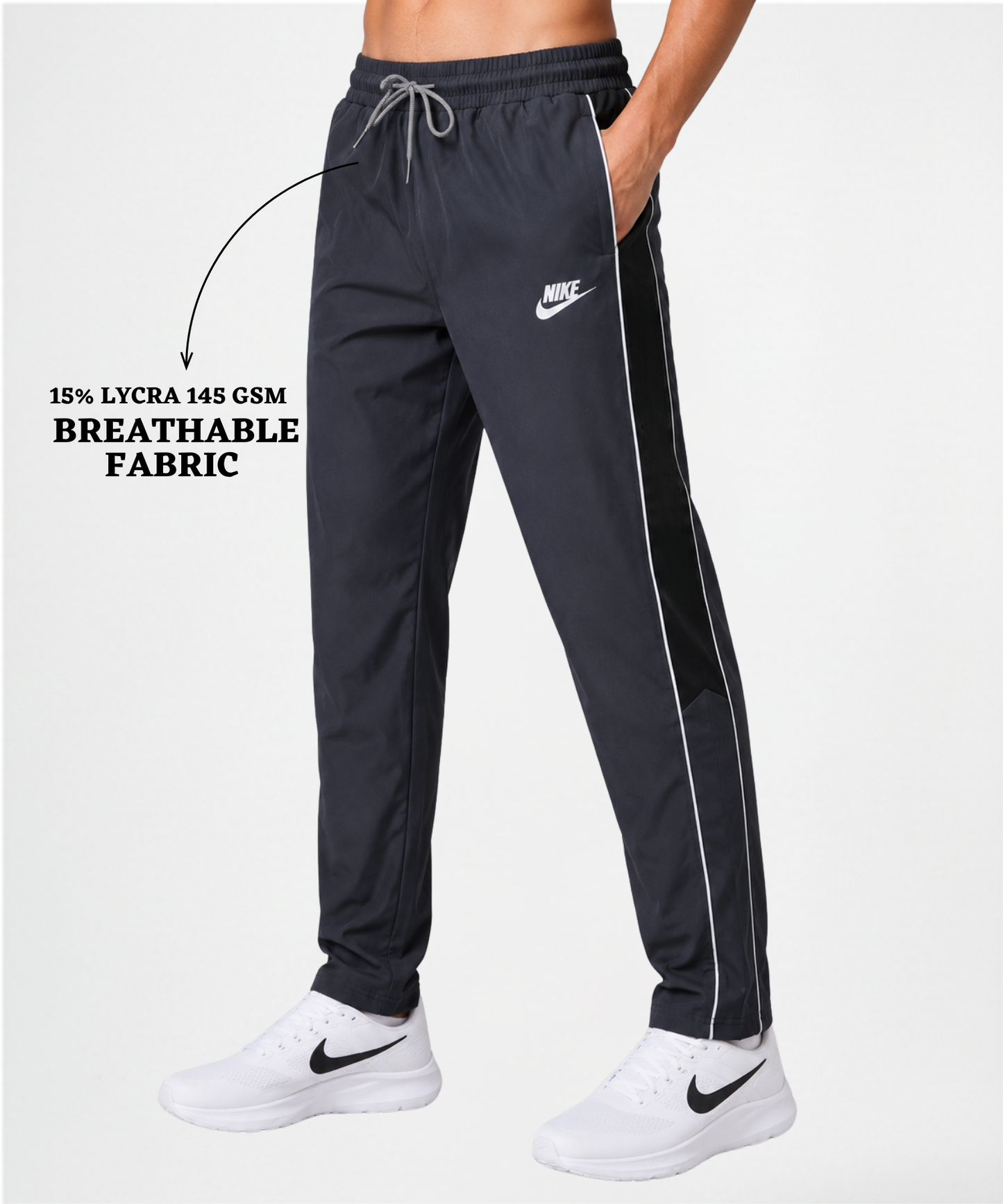 Imported Ns Parachute Lycra TrackPant(15% Lycra 145 GSM)| Side Contrast Panel Piping Design
