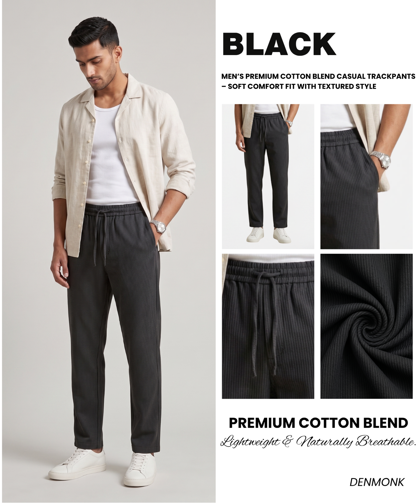 Men’s Premium Cotton Blend Casual Trackpants – Soft Comfort Fit with Textured Style