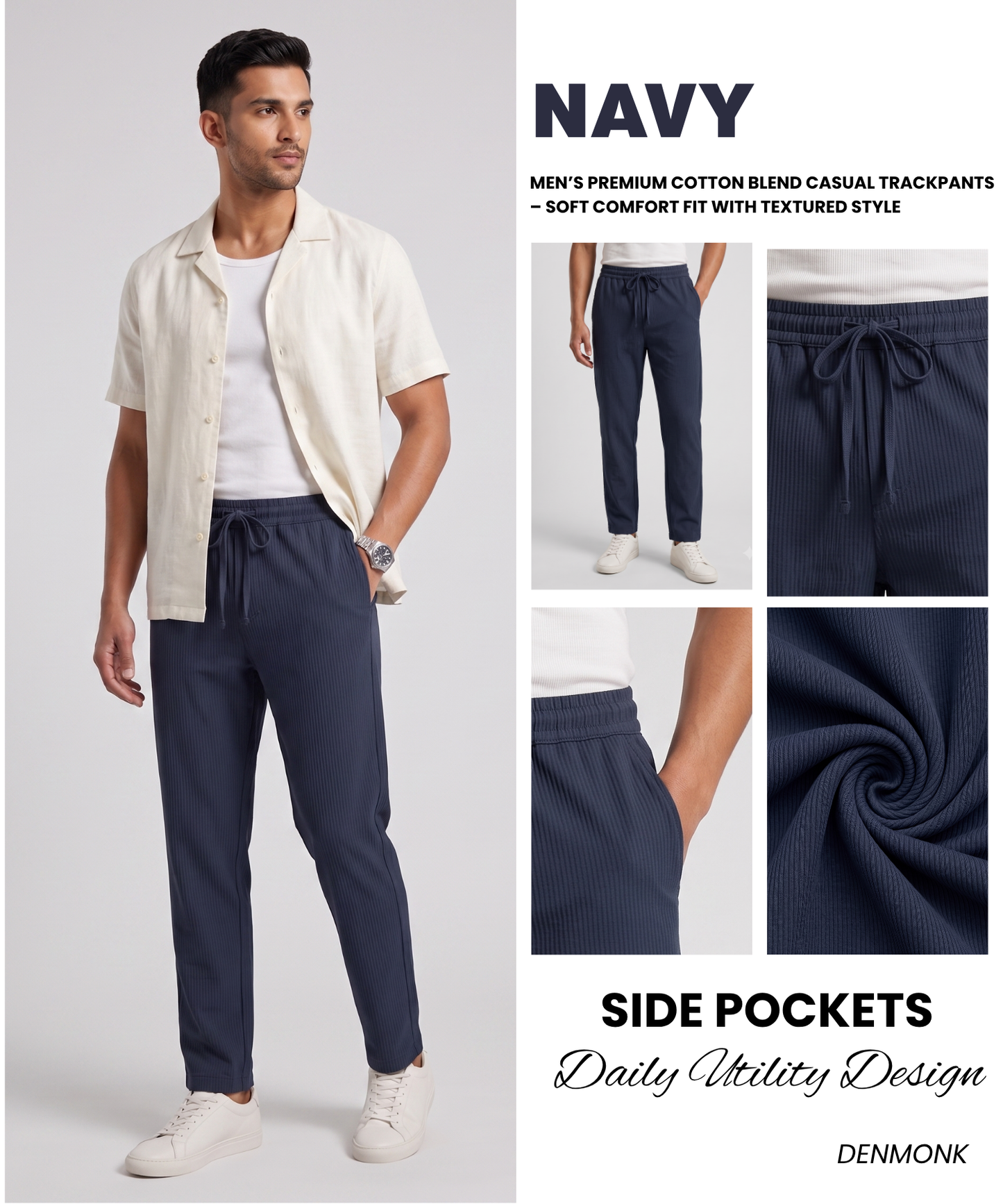 Men’s Premium Cotton Blend Casual Trackpants – Soft Comfort Fit with Textured Style