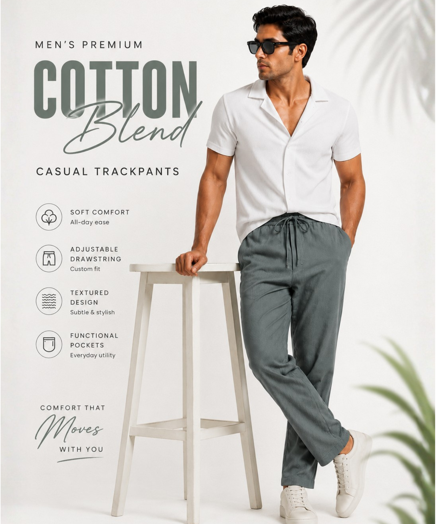 Men’s Premium Cotton Blend Casual Trackpants – Soft Comfort Fit with Textured Style