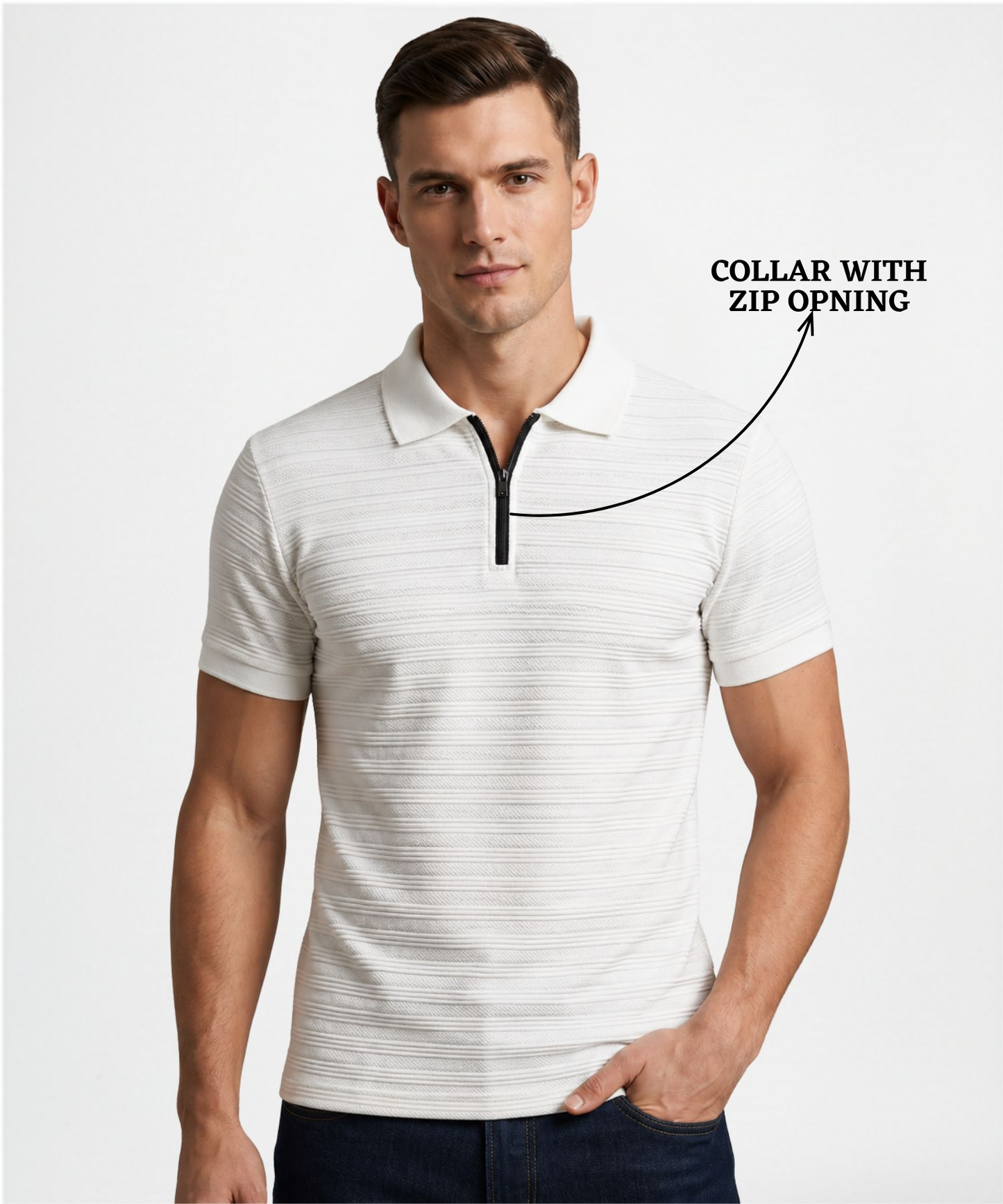Imported Ropeknit Jacquard Lycra Polo Zipper T-Shirt (GSM 180) | Quarter Zip Collar | Regular Fit