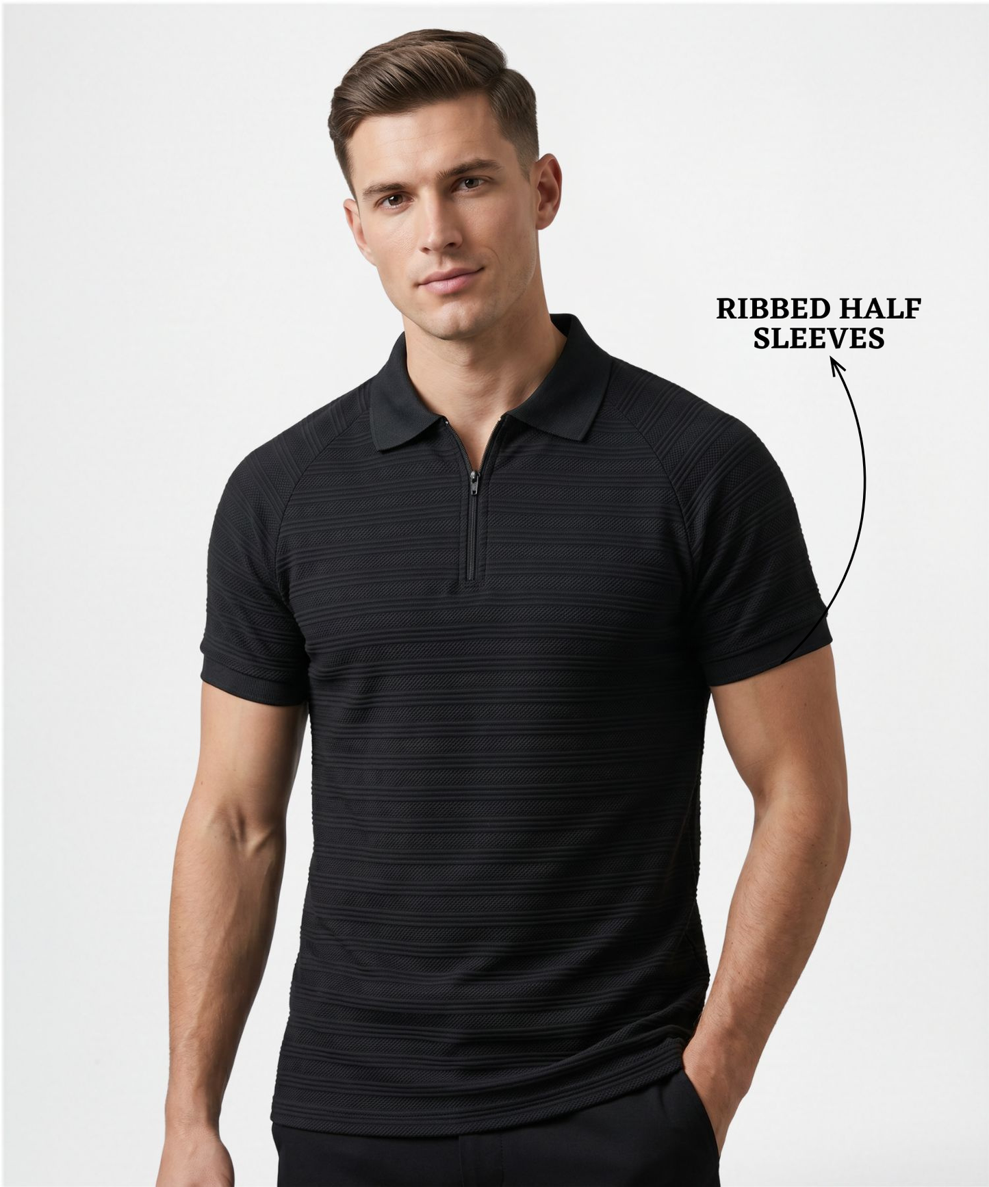 Imported Ropeknit Jacquard Lycra Polo Zipper T-Shirt (GSM 180) | Quarter Zip Collar | Regular Fit