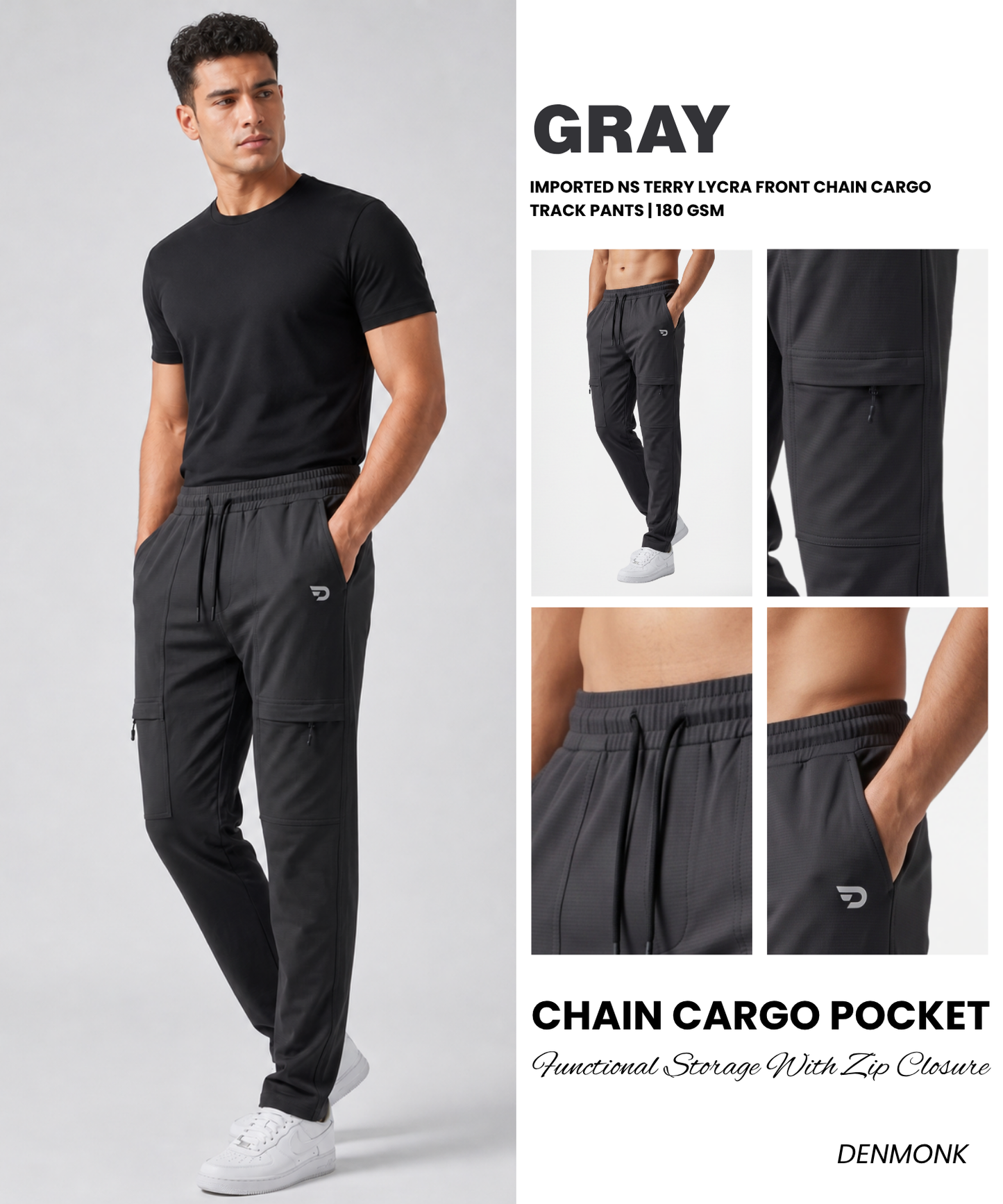 Imported NS Terry Lycra Front Chain Cargo Track Pants | 180 GSM | Slim Fit | With Back Pocket