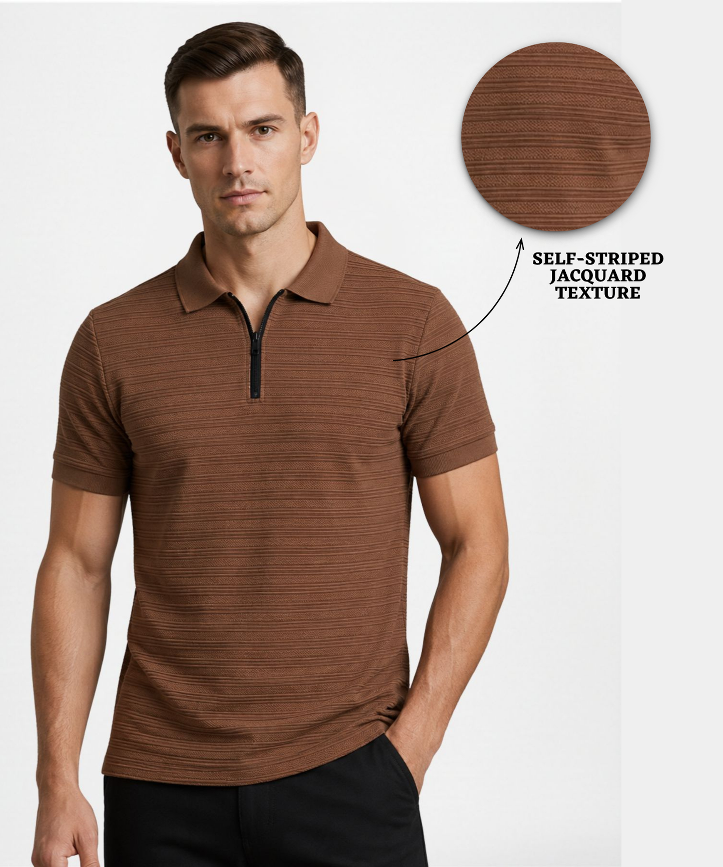 Imported Ropeknit Jacquard Lycra Polo Zipper T-Shirt (GSM 180) | Quarter Zip Collar | Regular Fit
