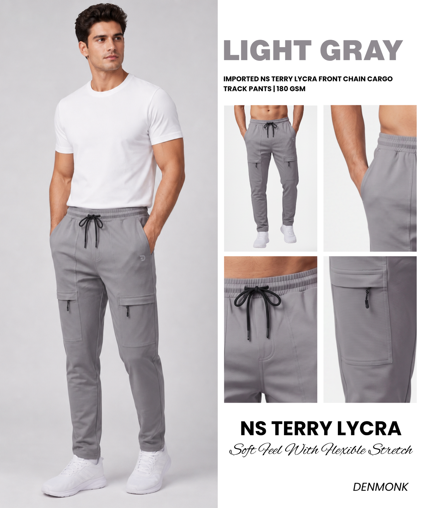 Imported NS Terry Lycra Front Chain Cargo Track Pants | 180 GSM | Slim Fit | With Back Pocket