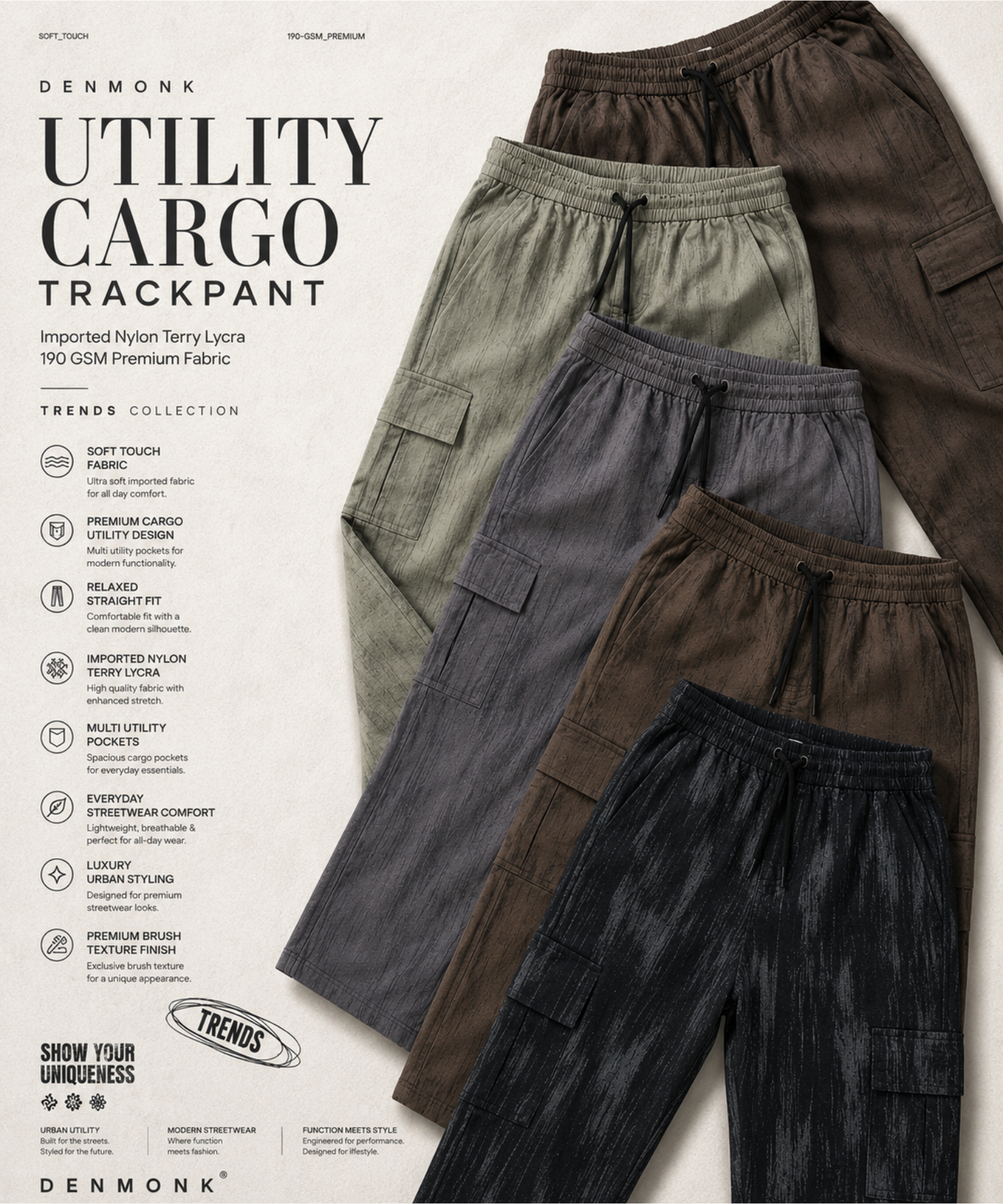 Men’s Imported Nylon Terry Lycra Cargo TrackPant – Soft Stretch Cargo for Daily & Casual Wear
