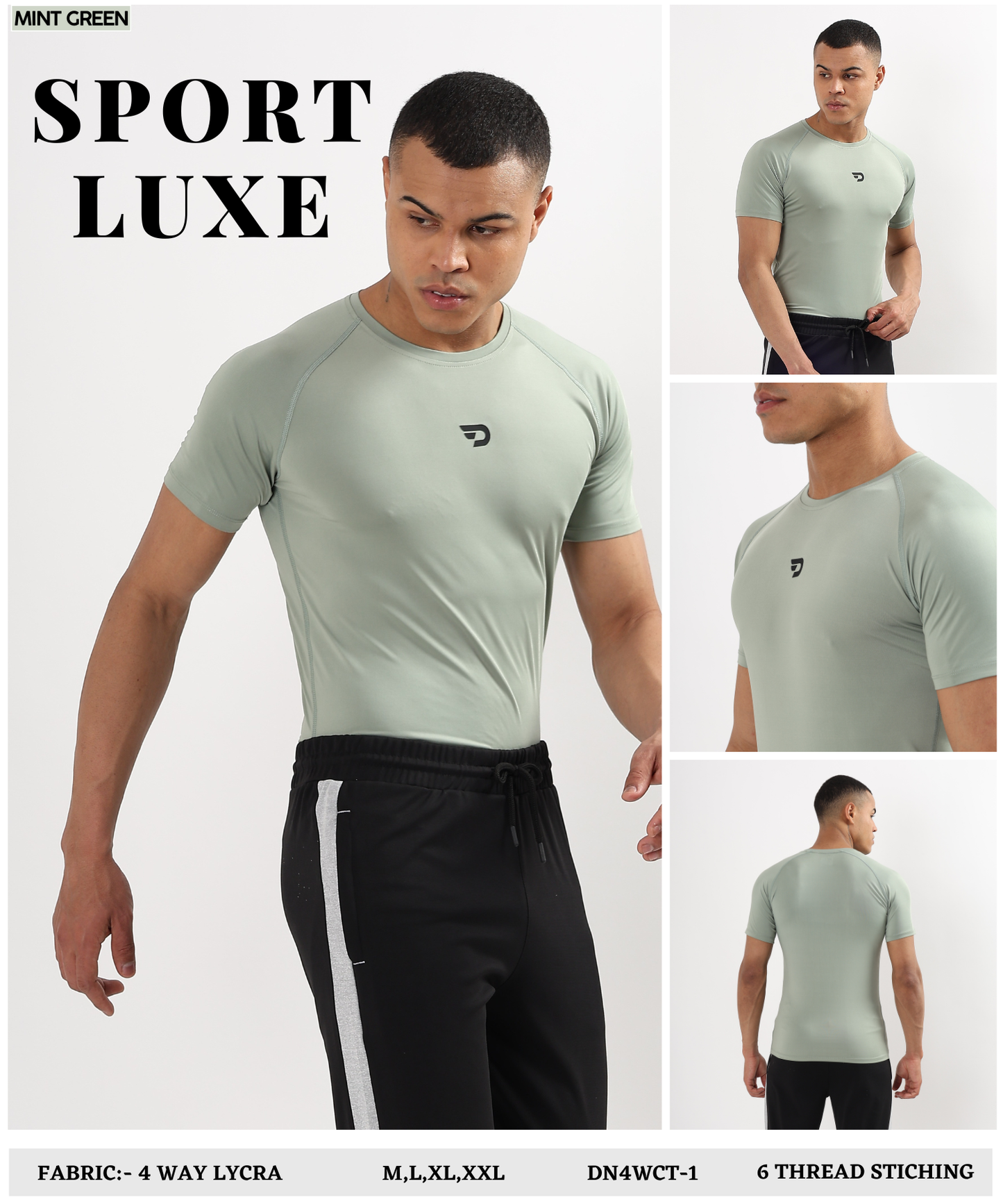 ActiveWear – Imported 4-way Lycra | 180 GSM | Raglan Sleeves | Round Neck | 6 Thread Stitching | 3D Logo | Compression T-shirt