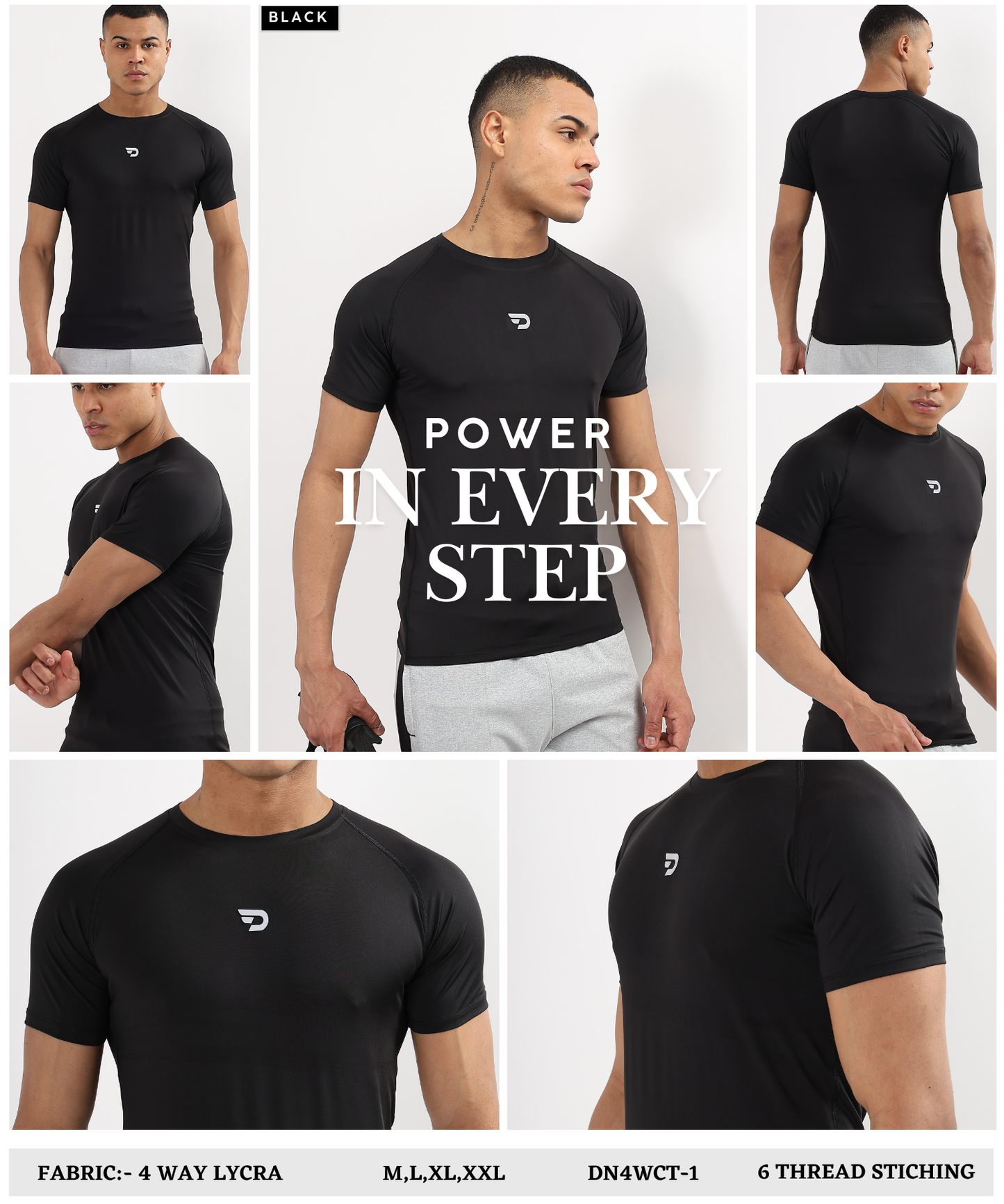 ActiveWear – Imported 4-way Lycra | 180 GSM | Raglan Sleeves | Round Neck | 6 Thread Stitching | 3D Logo | Compression T-shirt