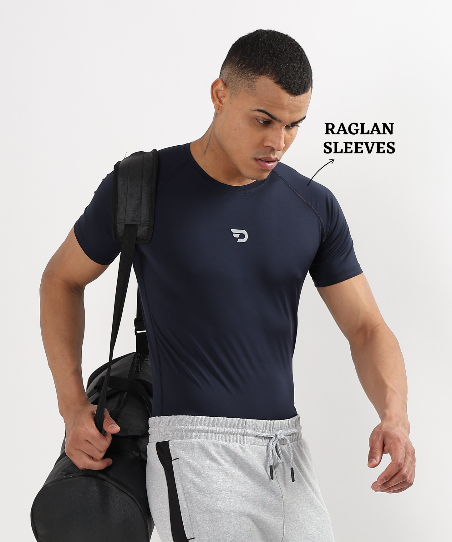 ActiveWear – Imported 4-way Lycra | 180 GSM | Raglan Sleeves | Round Neck | 6 Thread Stitching | 3D Logo | Compression T-shirt