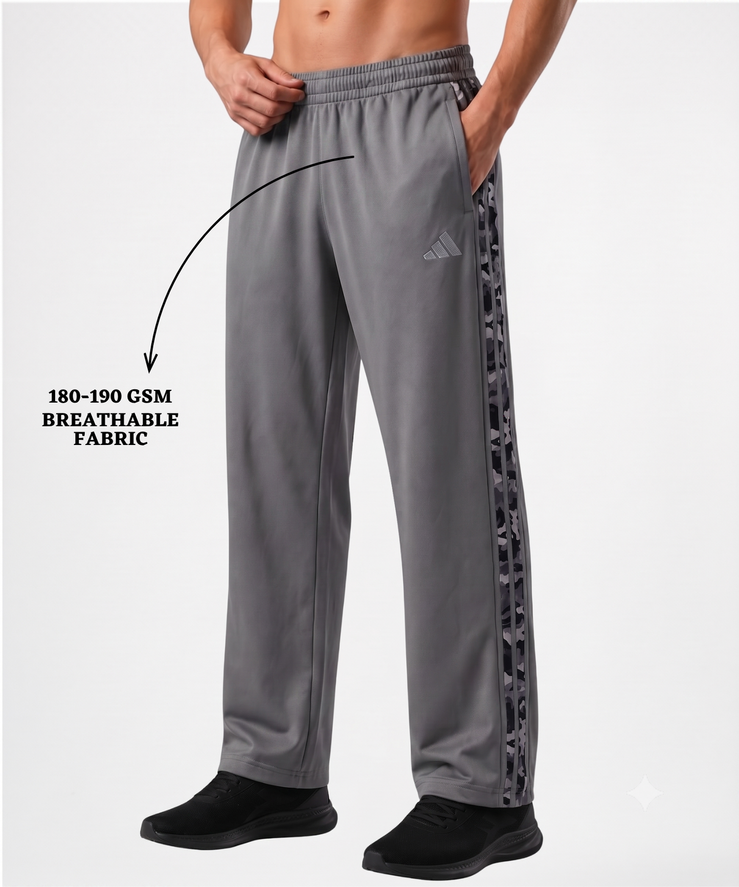 Imported Ns Terry Lycra TrackPant With Camoflauge Three Strip Design | GSM 180-190| Regular Fit