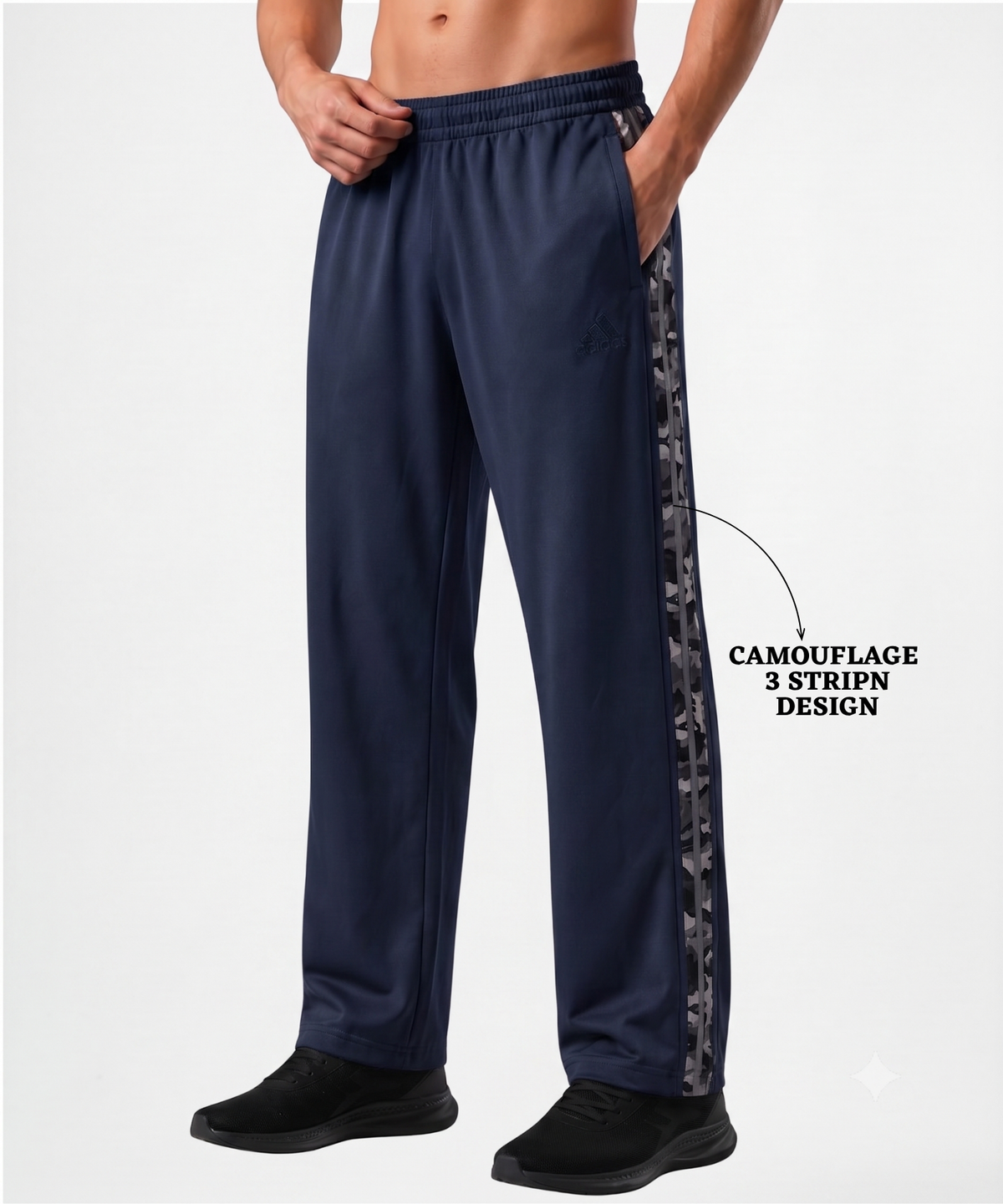 Imported Ns Terry Lycra TrackPant With Camoflauge Three Strip Design | GSM 180-190| Regular Fit