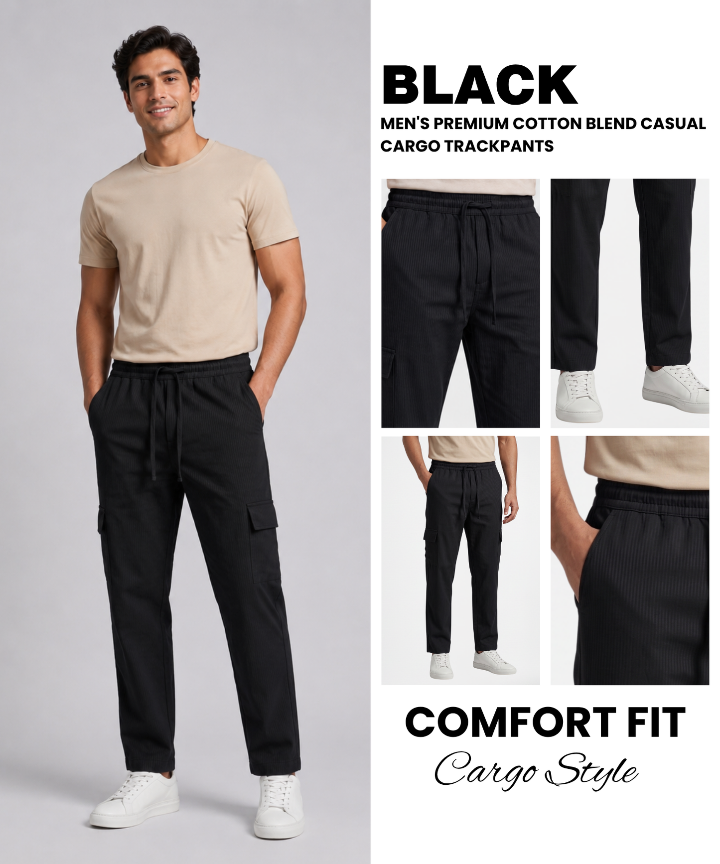 Men's Premium Cotton Blend Casual Cargo Trackpants – Modern Cargo Utility with Textured
