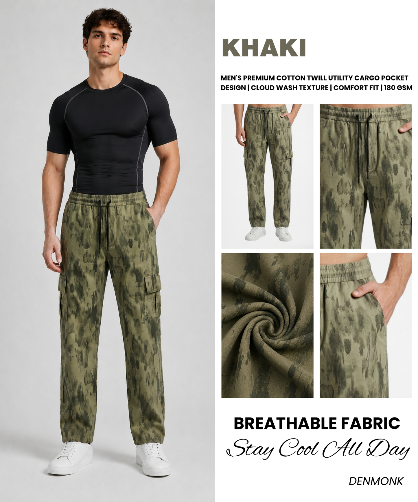 Men's Premium Cotton Twill Utility Cargo Pocket Design | Cloud Wash Texture | Comfort Fit | 180 GSM