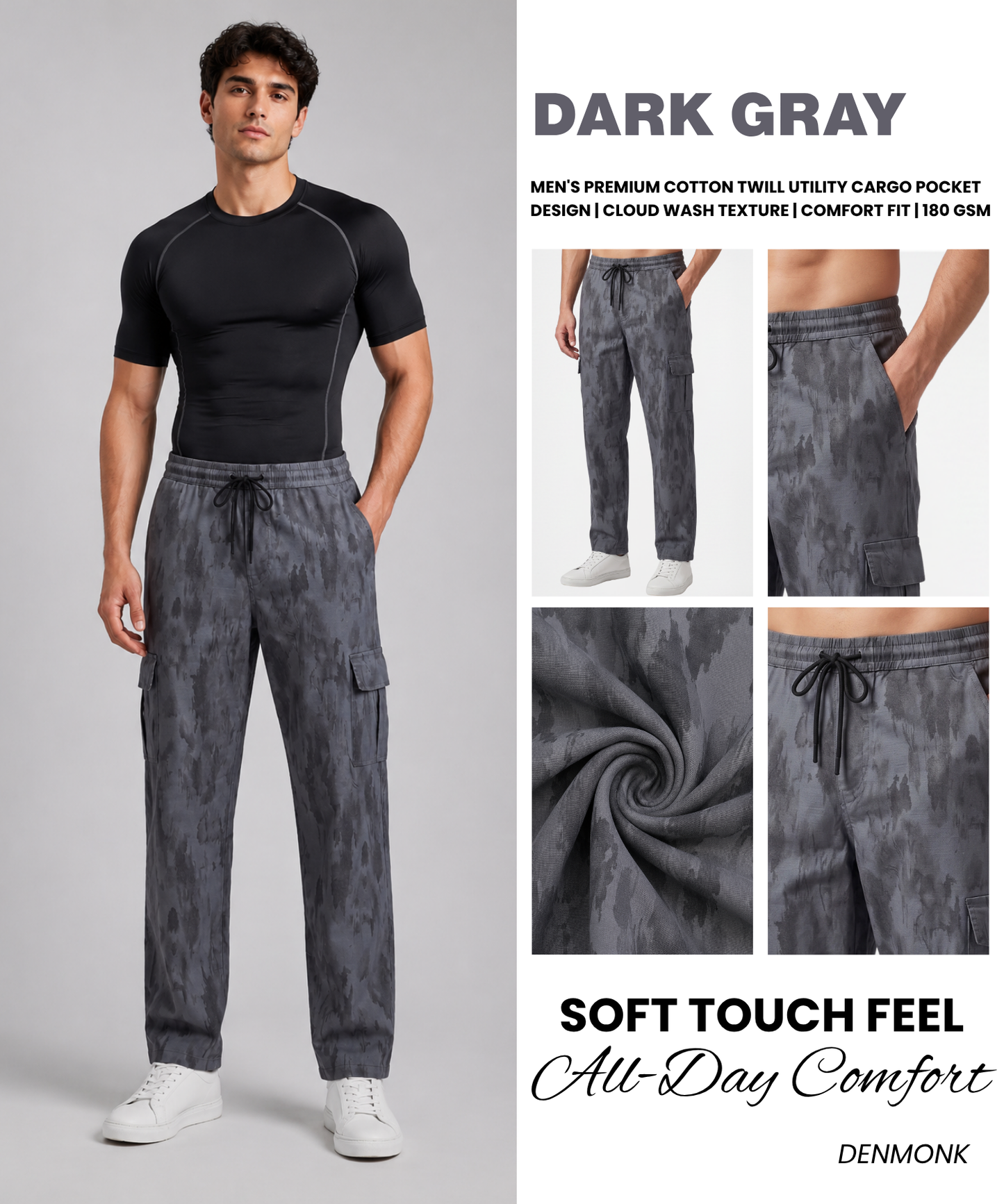 Men's Premium Cotton Twill Utility Cargo Pocket Design | Cloud Wash Texture | Comfort Fit | 180 GSM