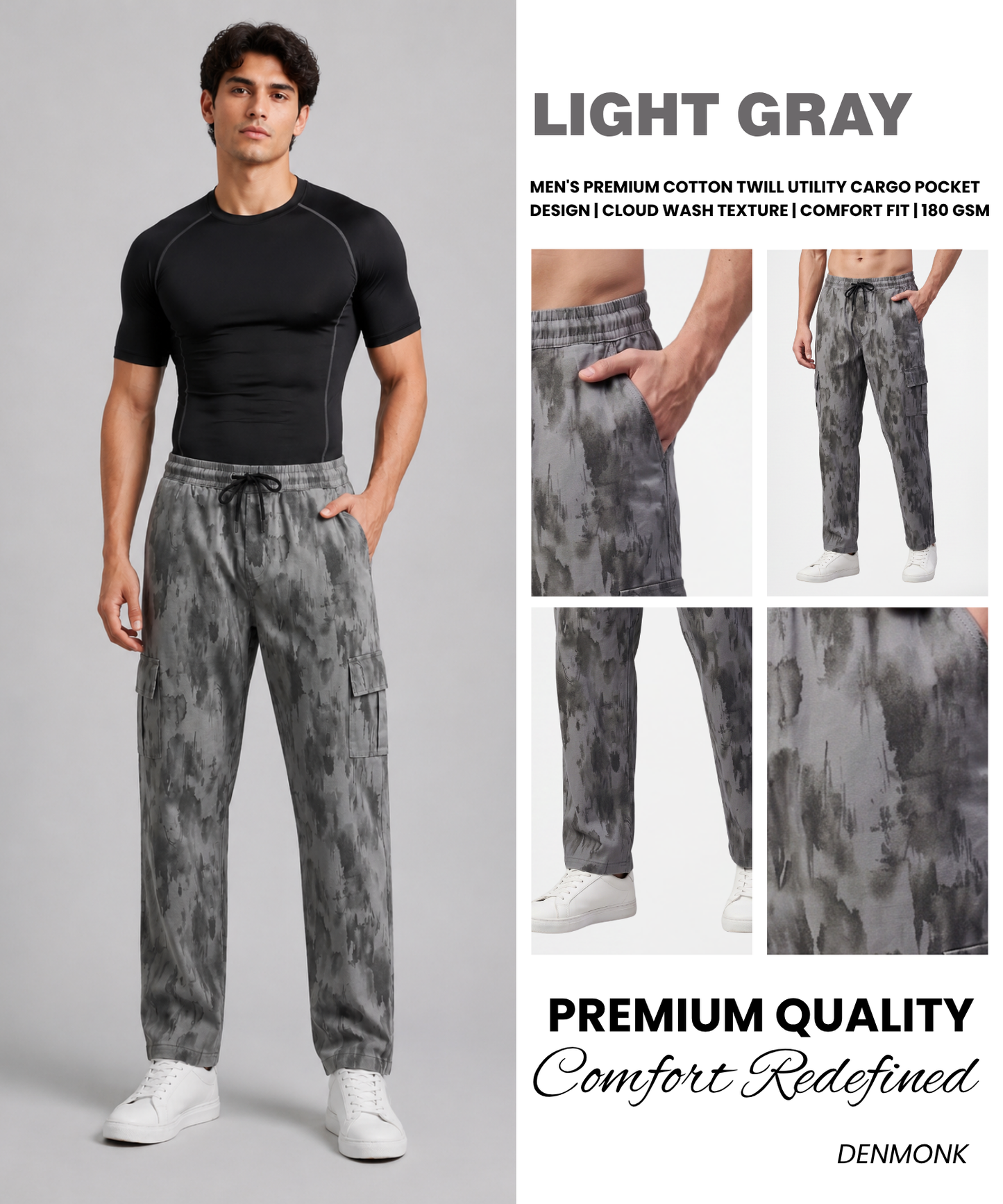 Men's Premium Cotton Twill Utility Cargo Pocket Design | Cloud Wash Texture | Comfort Fit | 180 GSM