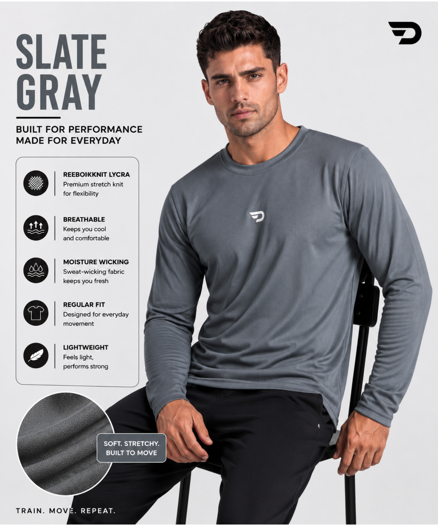 Imported Reebok Knit Lycra T-Shirt (GSM 180) – Full Sleeve, Round Neck | Regular Fit