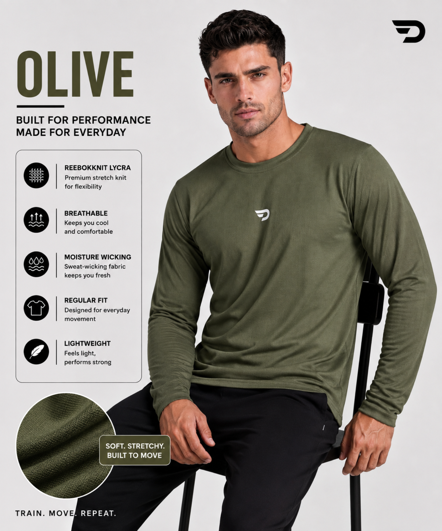 Imported Reebok Knit Lycra T-Shirt (GSM 180) – Full Sleeve, Round Neck | Regular Fit