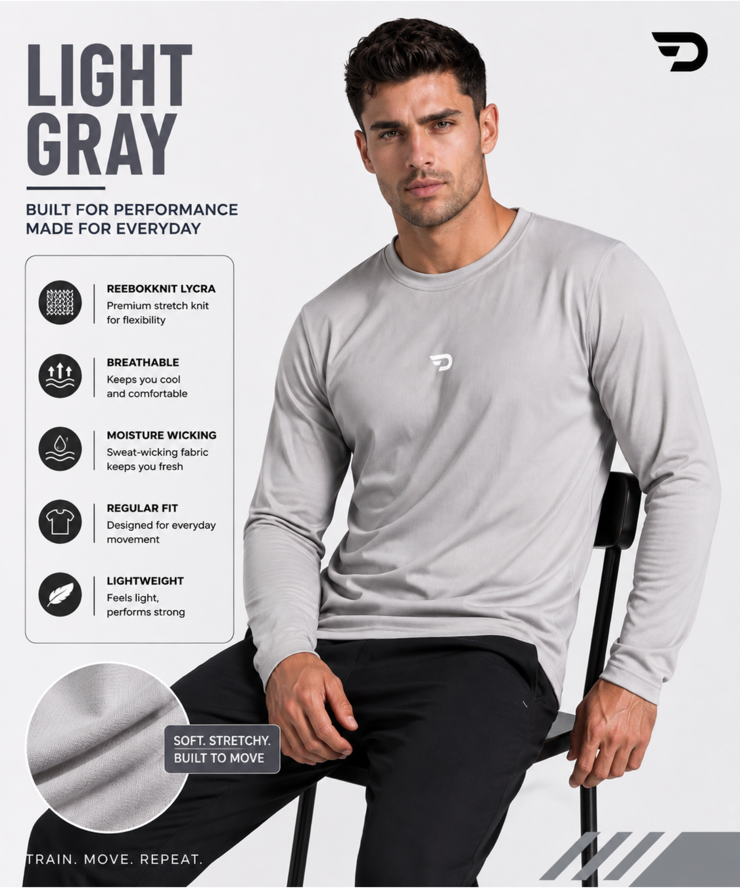 Imported Reebok Knit Lycra T-Shirt (GSM 180) – Full Sleeve, Round Neck | Regular Fit