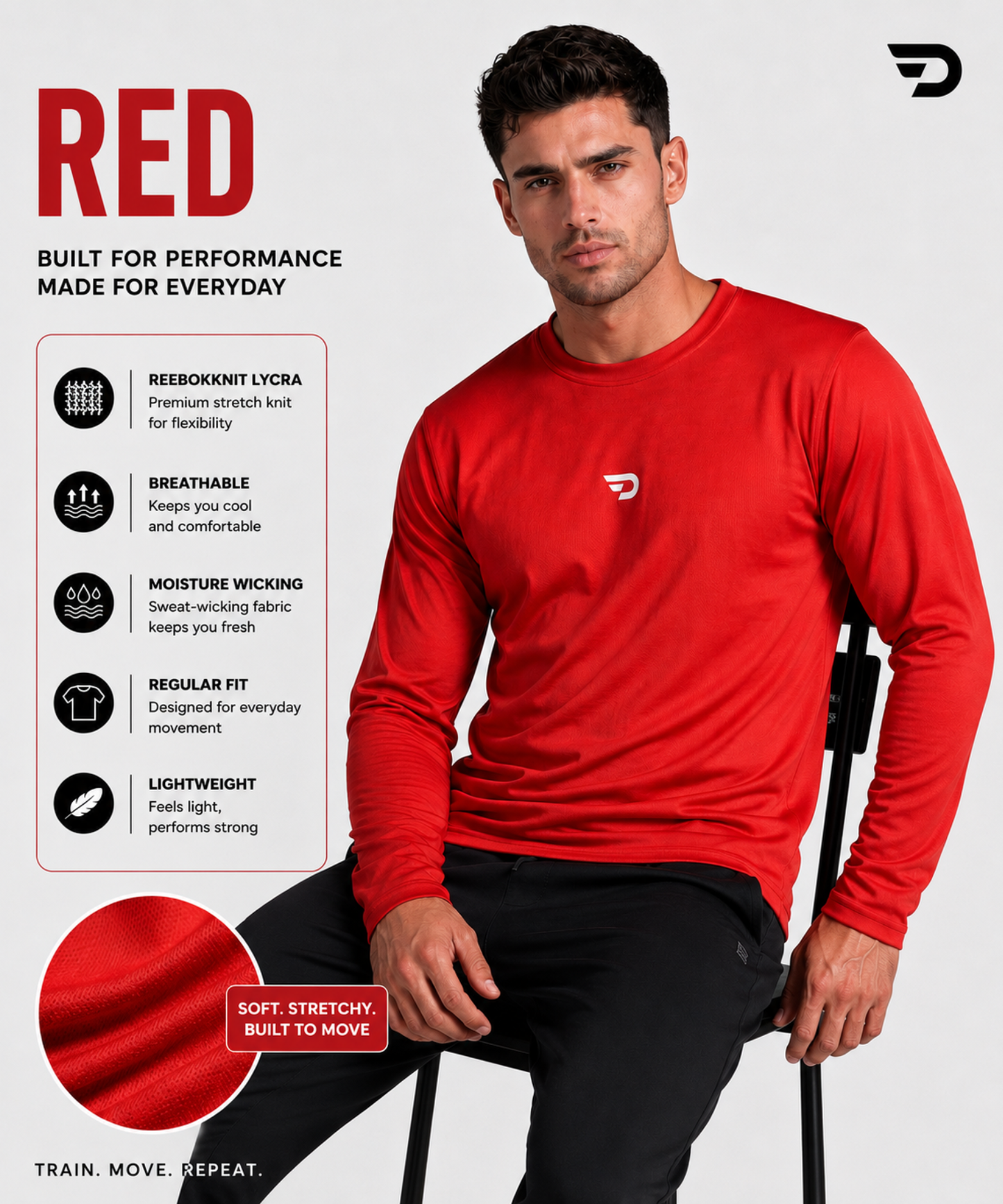Imported Reebok Knit Lycra T-Shirt (GSM 180) – Full Sleeve, Round Neck | Regular Fit