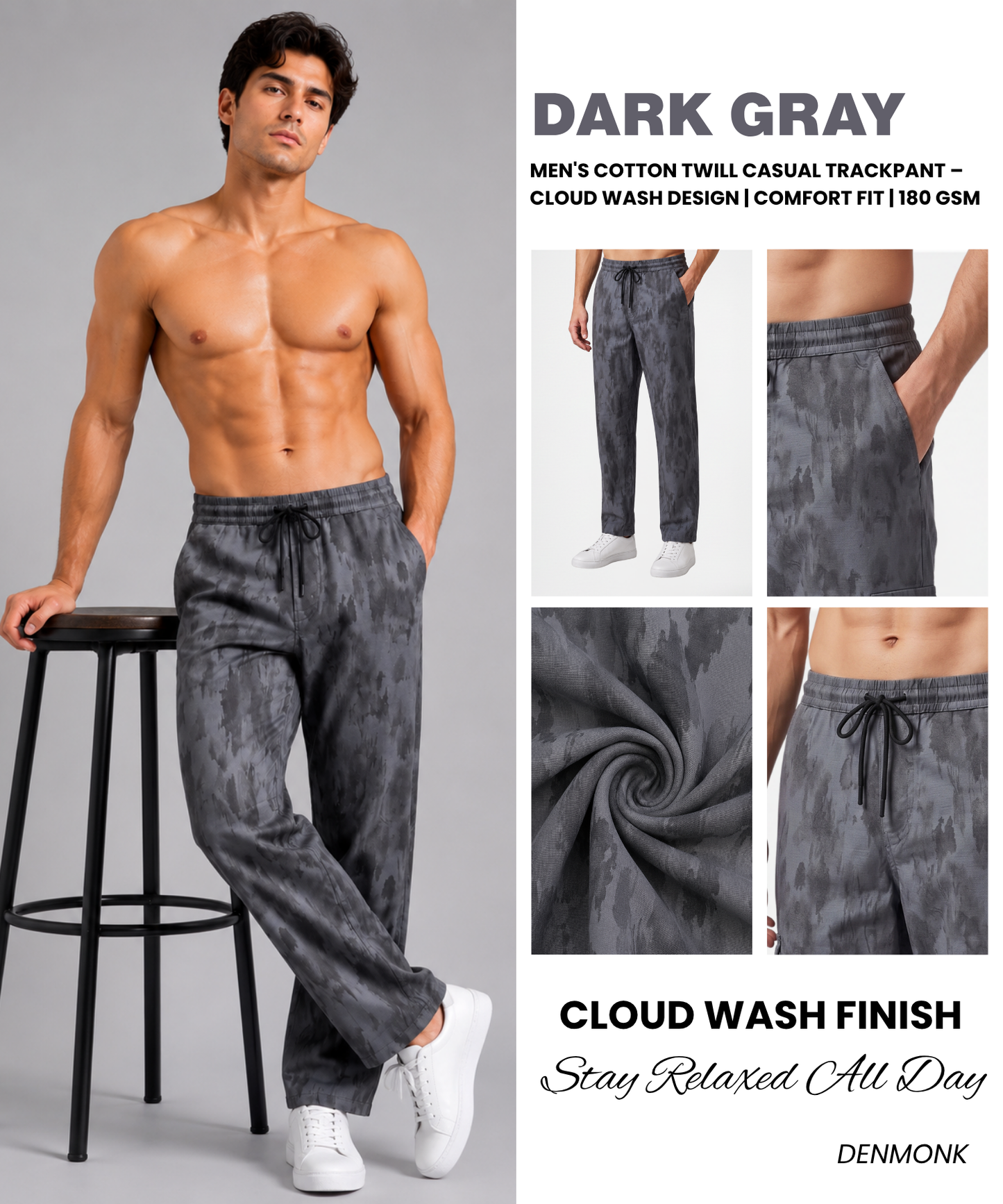 Men's Cotton Twill Casual Trackpant – Cloud Wash Texture | Comfort Fit | 180 GSM