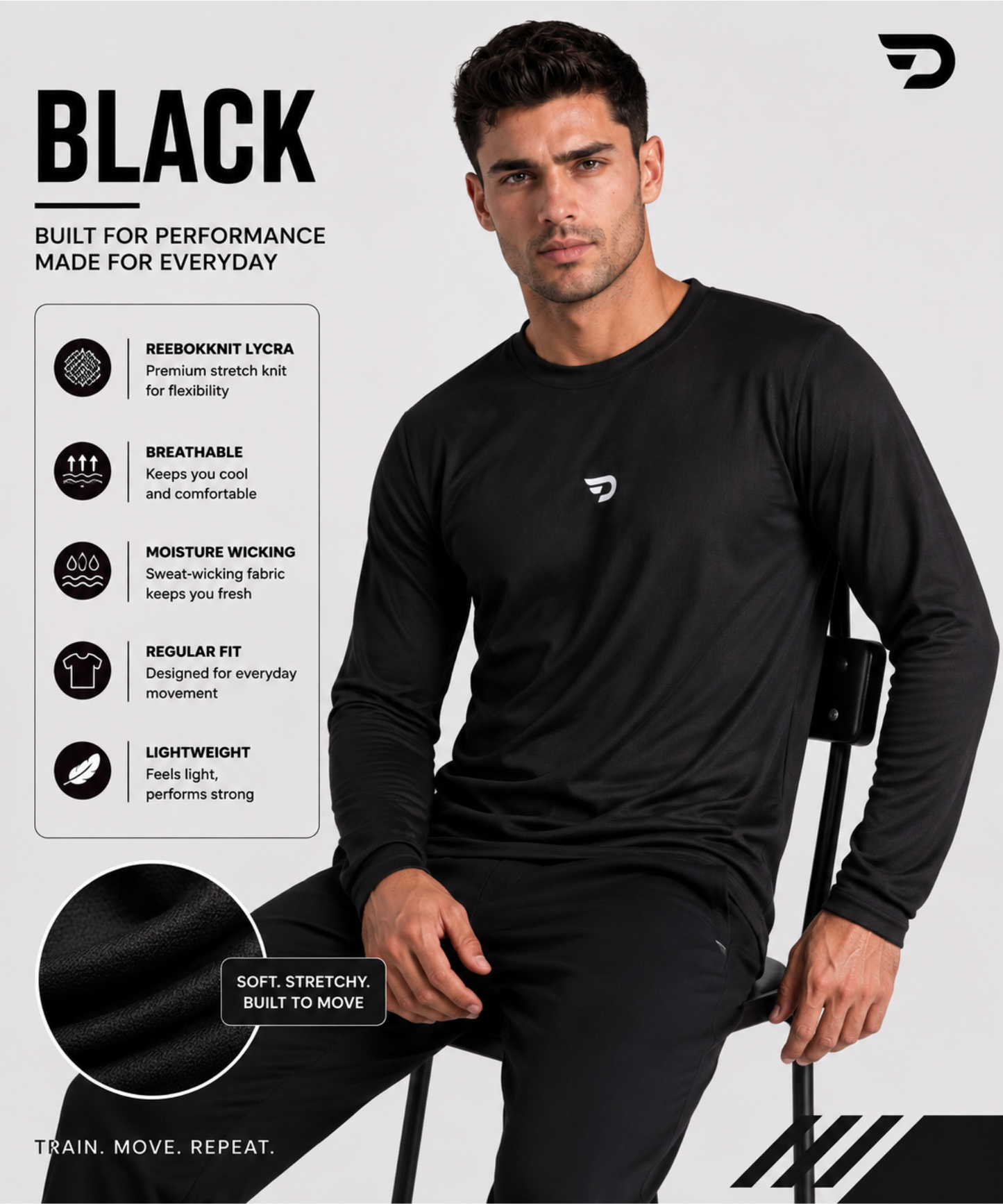 Imported Reebok Knit Lycra T-Shirt (GSM 180) – Full Sleeve, Round Neck | Regular Fit
