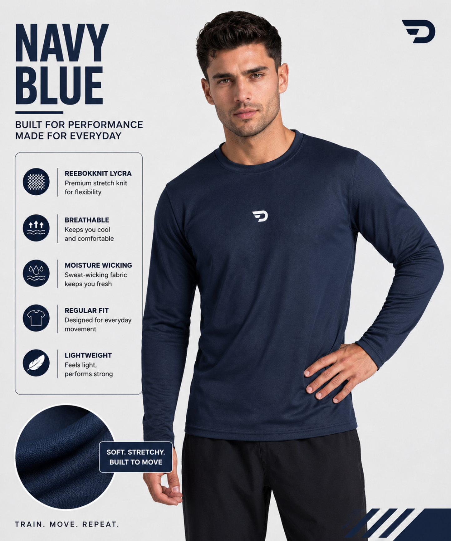 Imported Reebok Knit Lycra T-Shirt (GSM 180) – Full Sleeve, Round Neck | Regular Fit