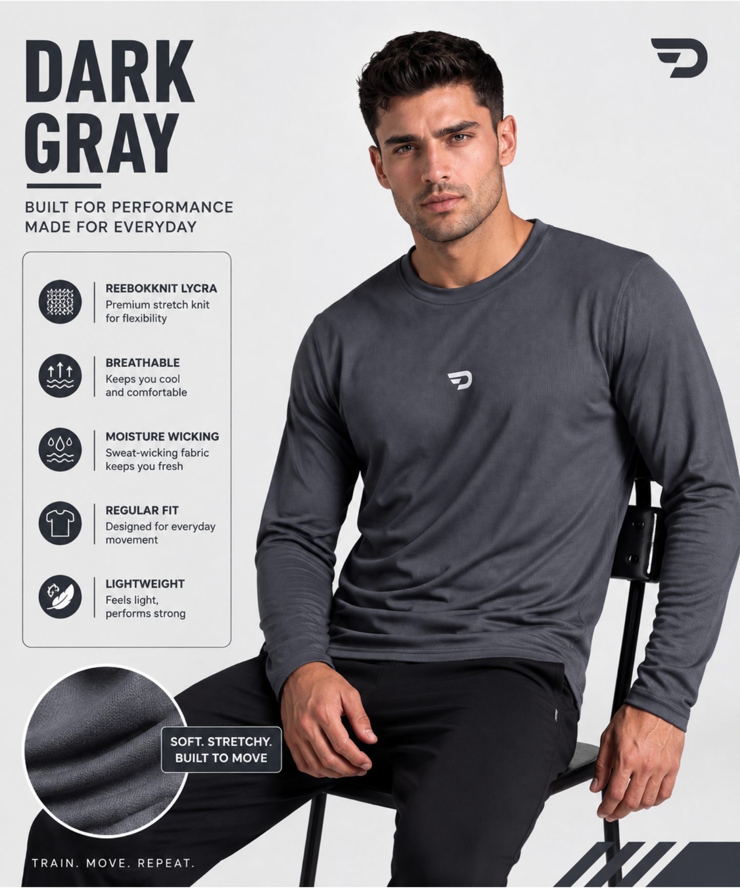 Imported Reebok Knit Lycra T-Shirt (GSM 180) – Full Sleeve, Round Neck | Regular Fit