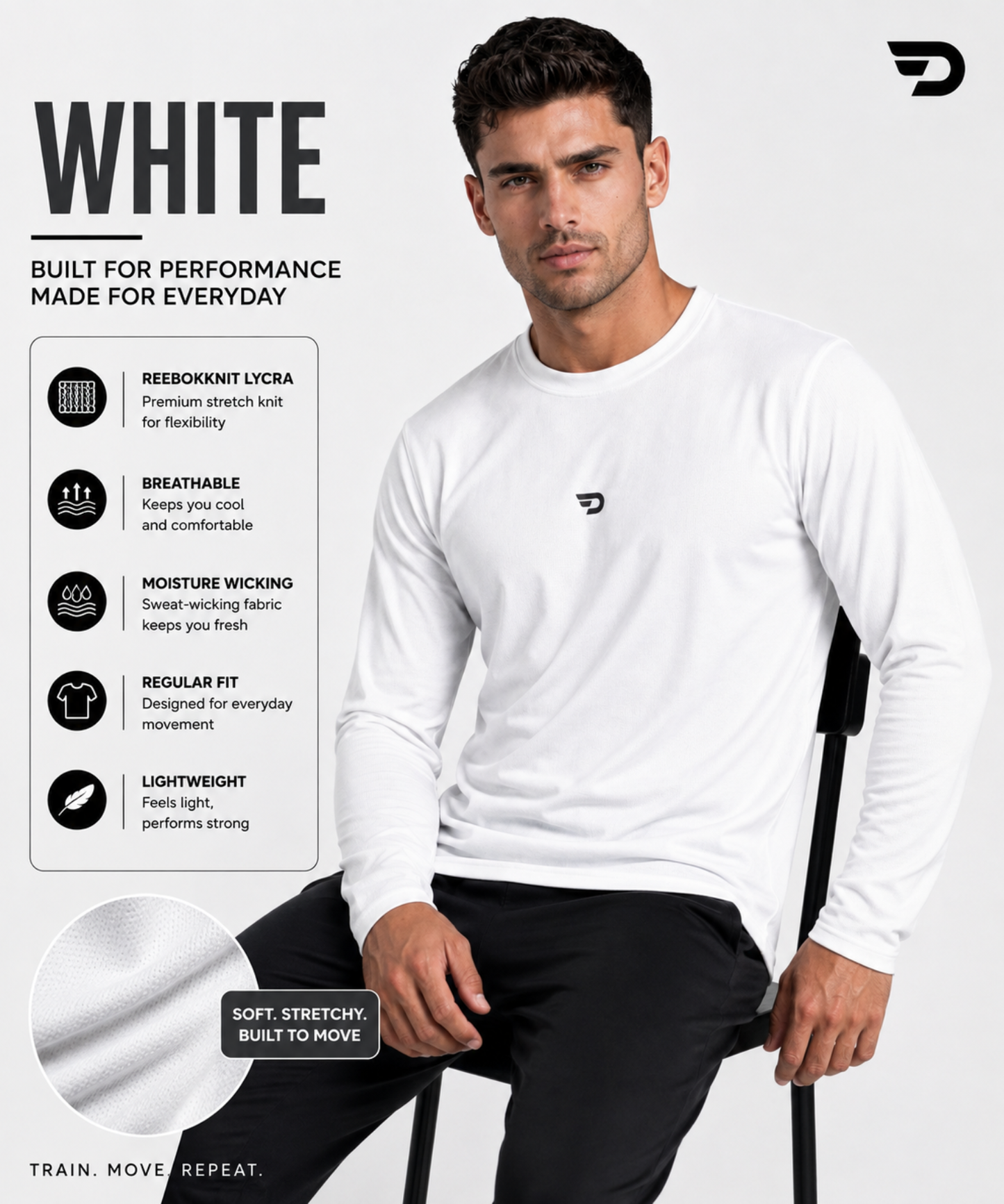 Imported Reebok Knit Lycra T-Shirt (GSM 180) – Full Sleeve, Round Neck | Regular Fit