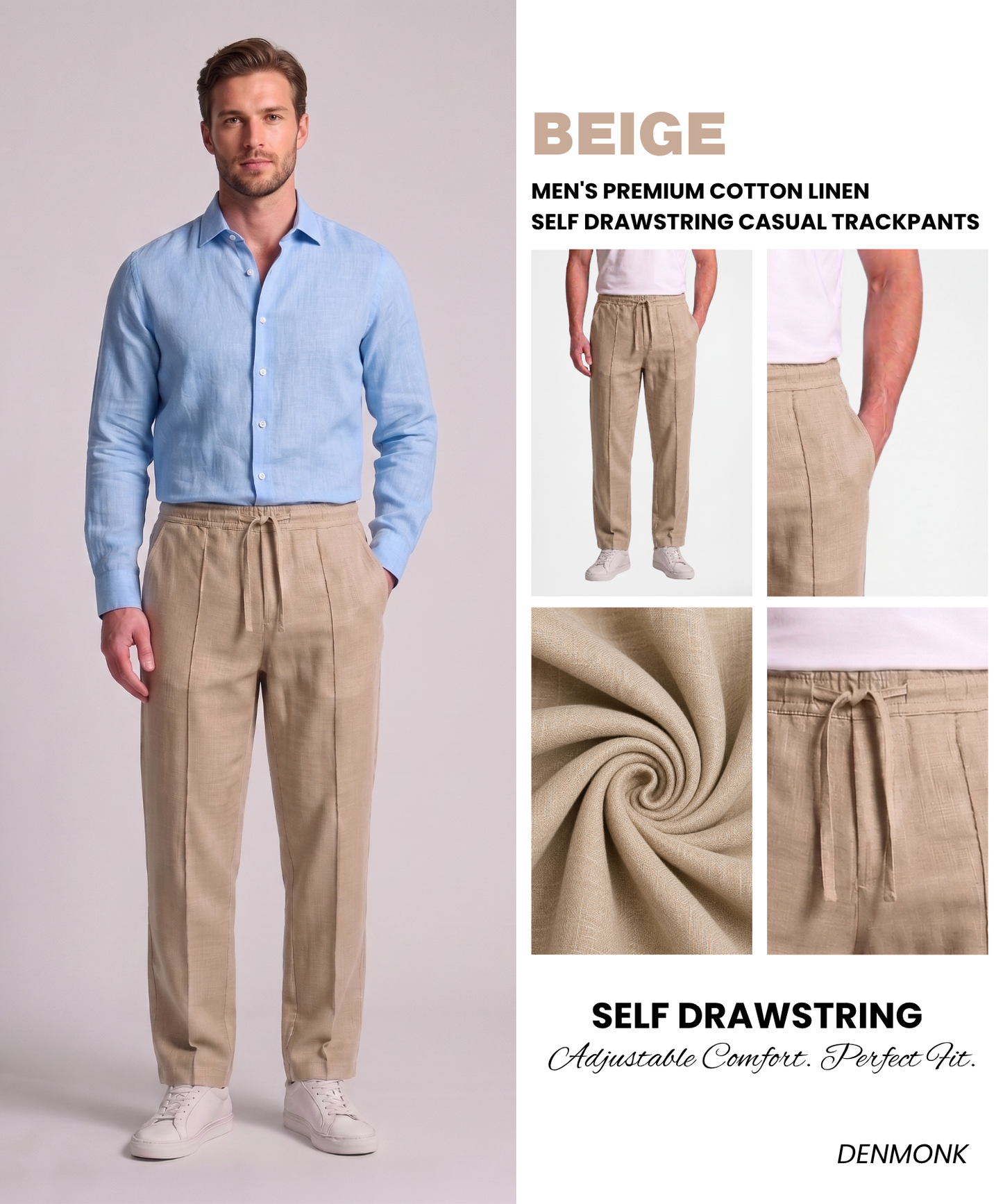 Men's Premium Cotton Linen Self Drawstring Casual Trackpants – Comfort Fit with Tailored Crease