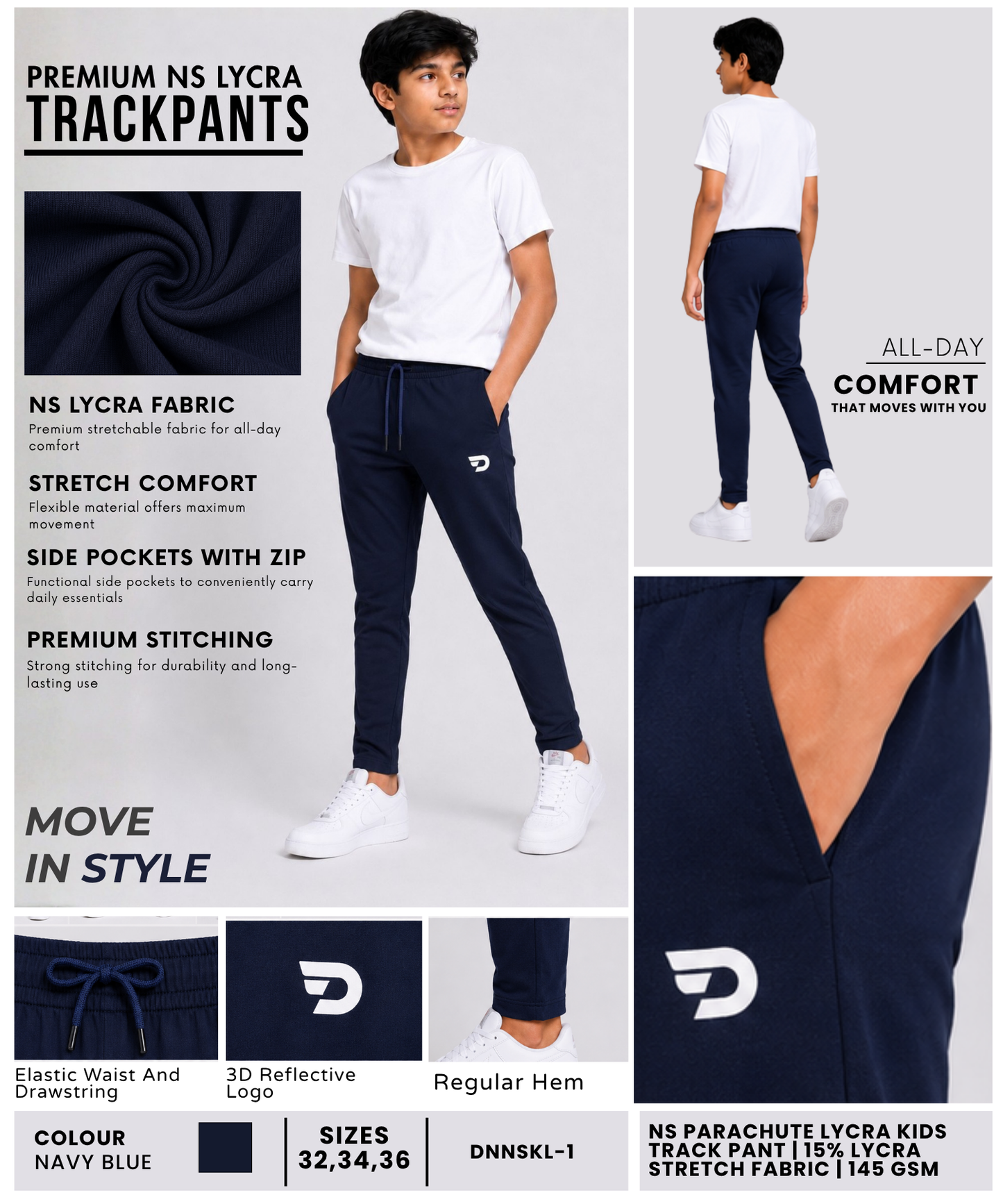 Imported NS Parachute Lycra Track Pant for Kids |15% Lycra 145 GSM| Slim Fit