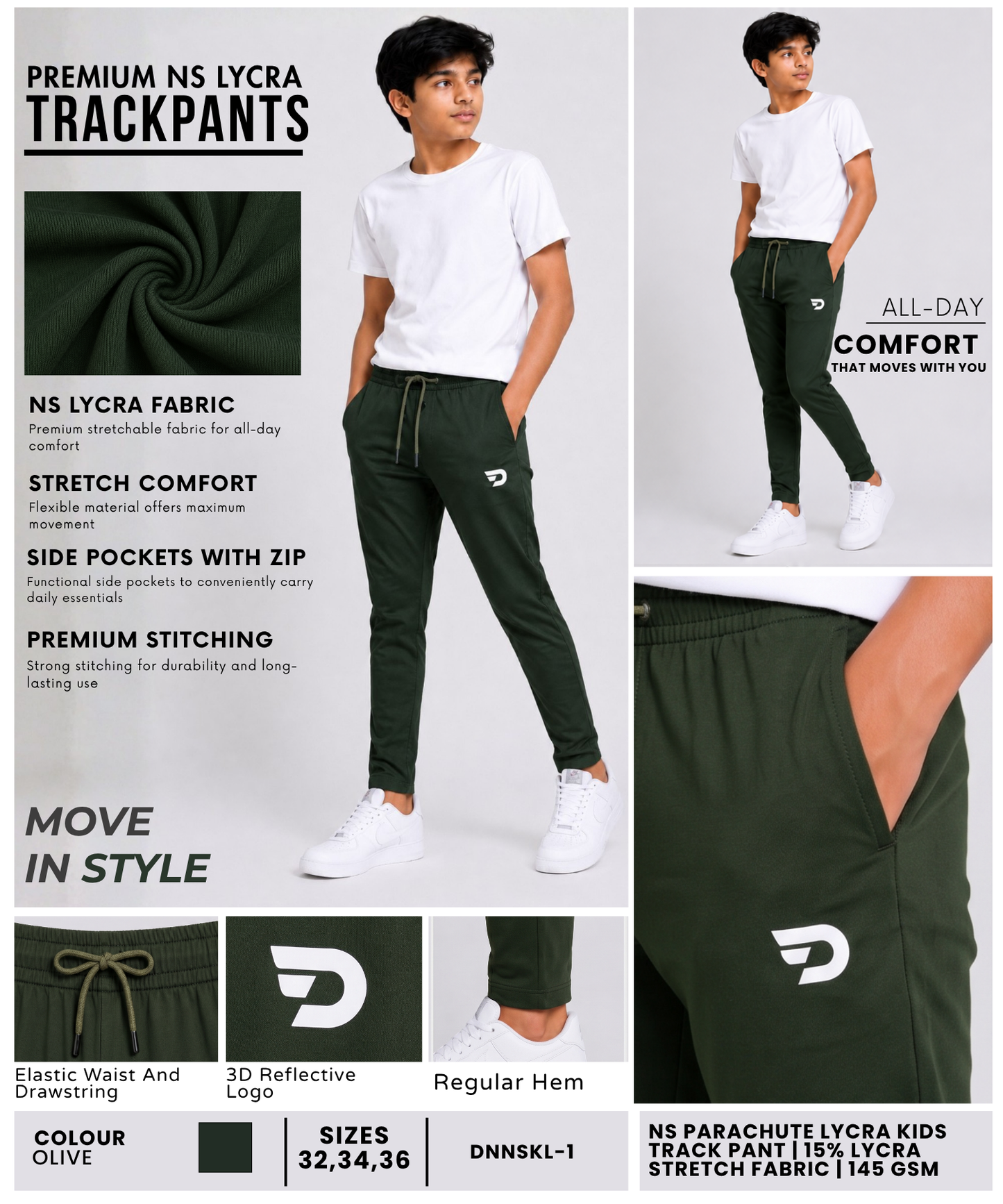 Imported NS Parachute Lycra Track Pant for Kids |15% Lycra 145 GSM| Slim Fit
