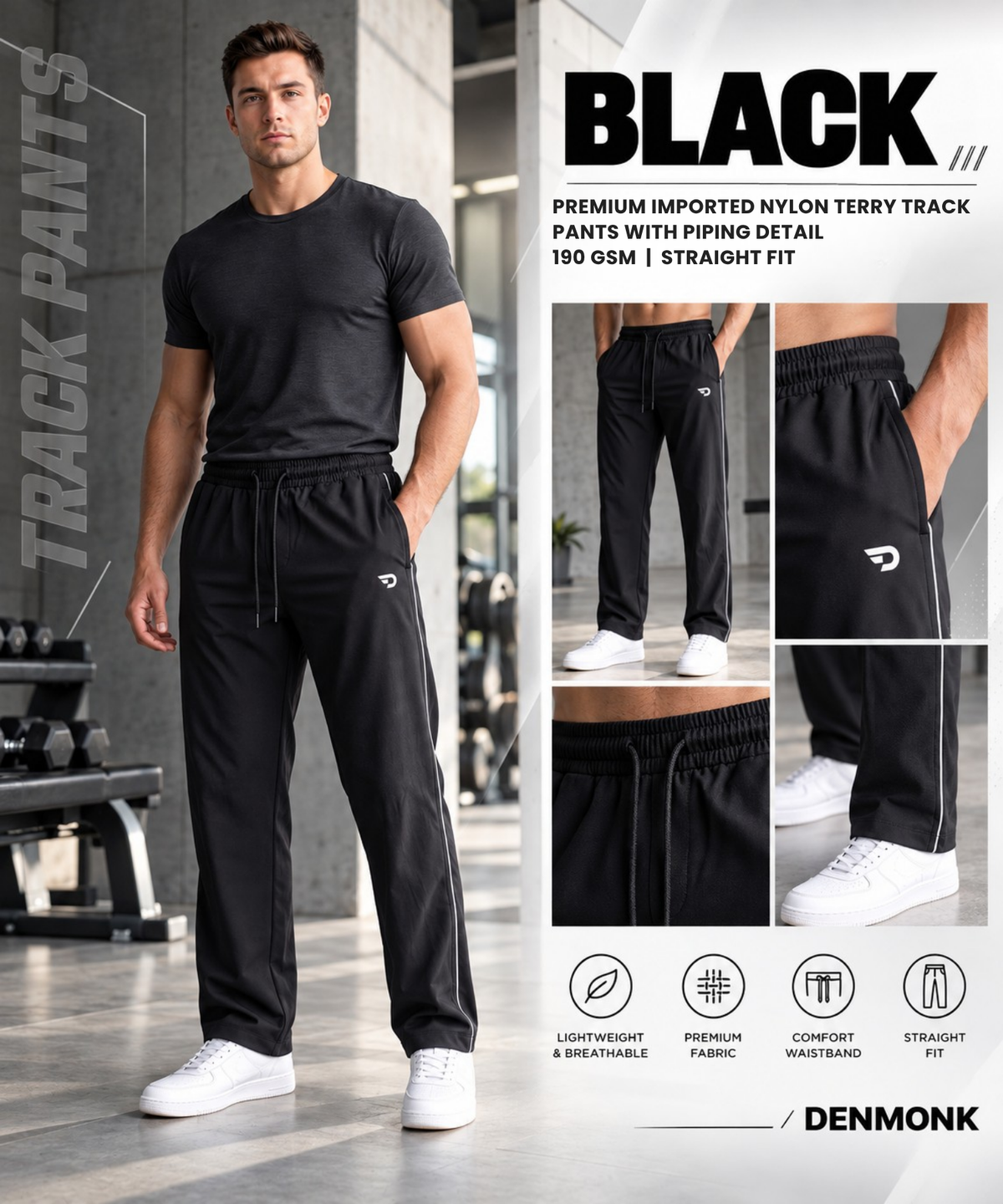 Premium Imported Nylon Terry Casual Track Pants With Piping Detail | 190 GSM | Straight Fit