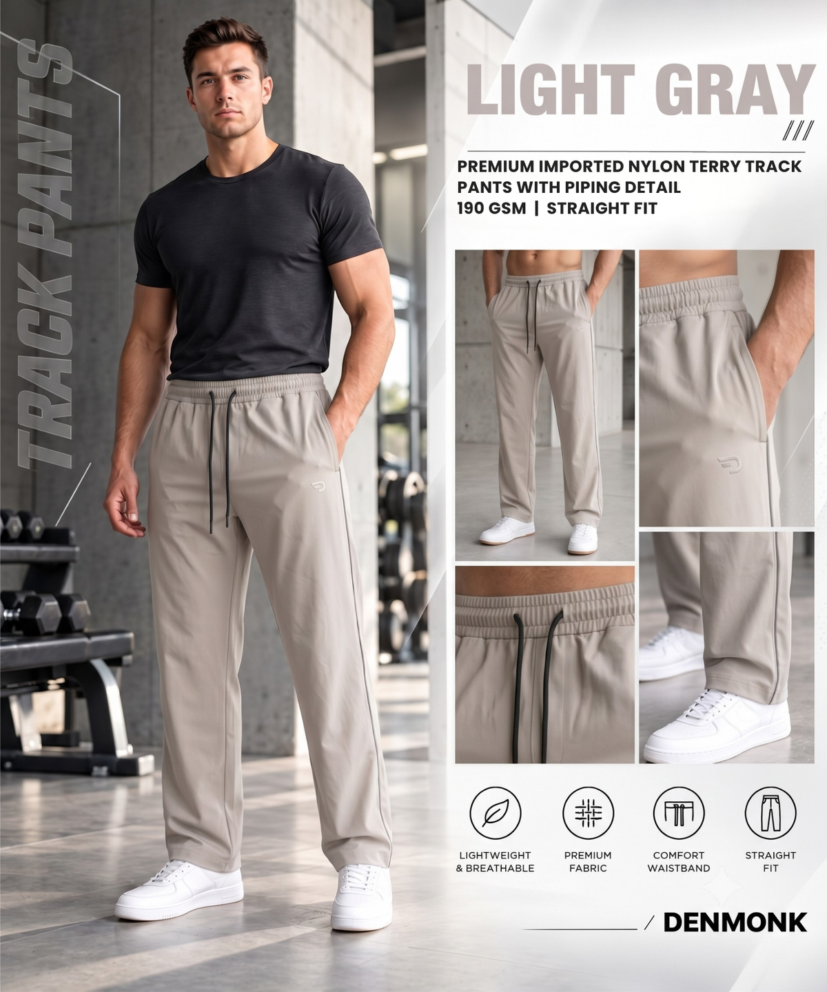 Premium Imported Nylon Terry Casual Track Pants With Piping Detail | 190 GSM | Straight Fit
