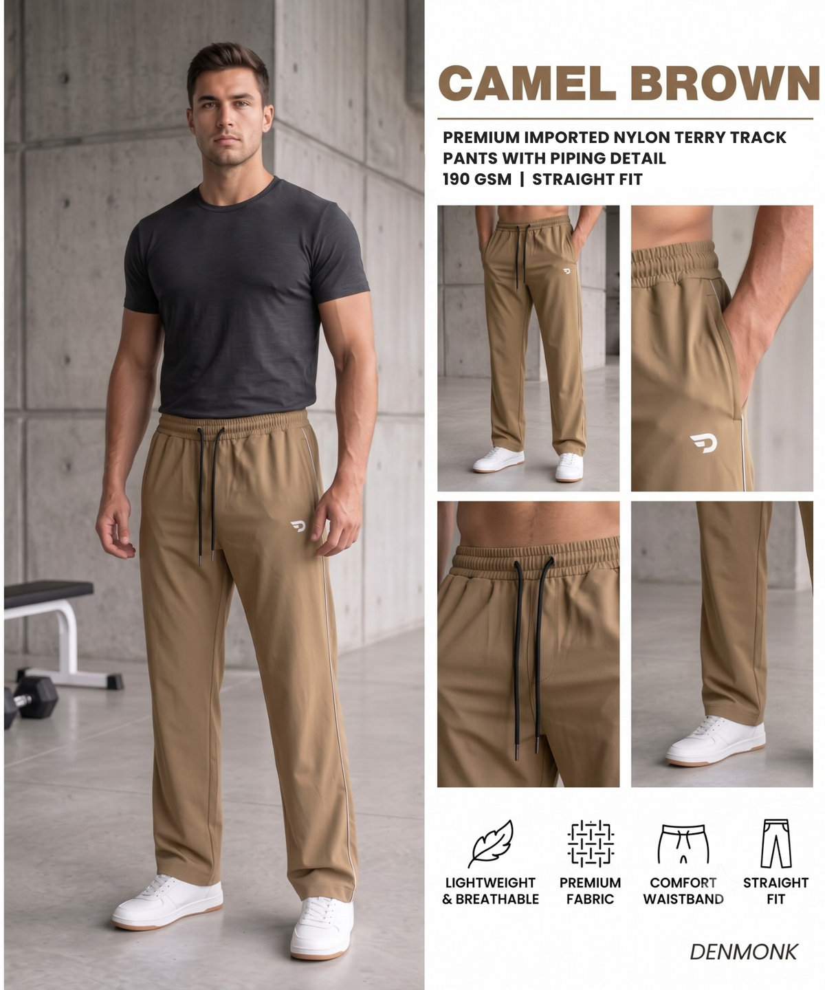 Premium Imported Nylon Terry Casual Track Pants With Piping Detail | 190 GSM | Straight Fit