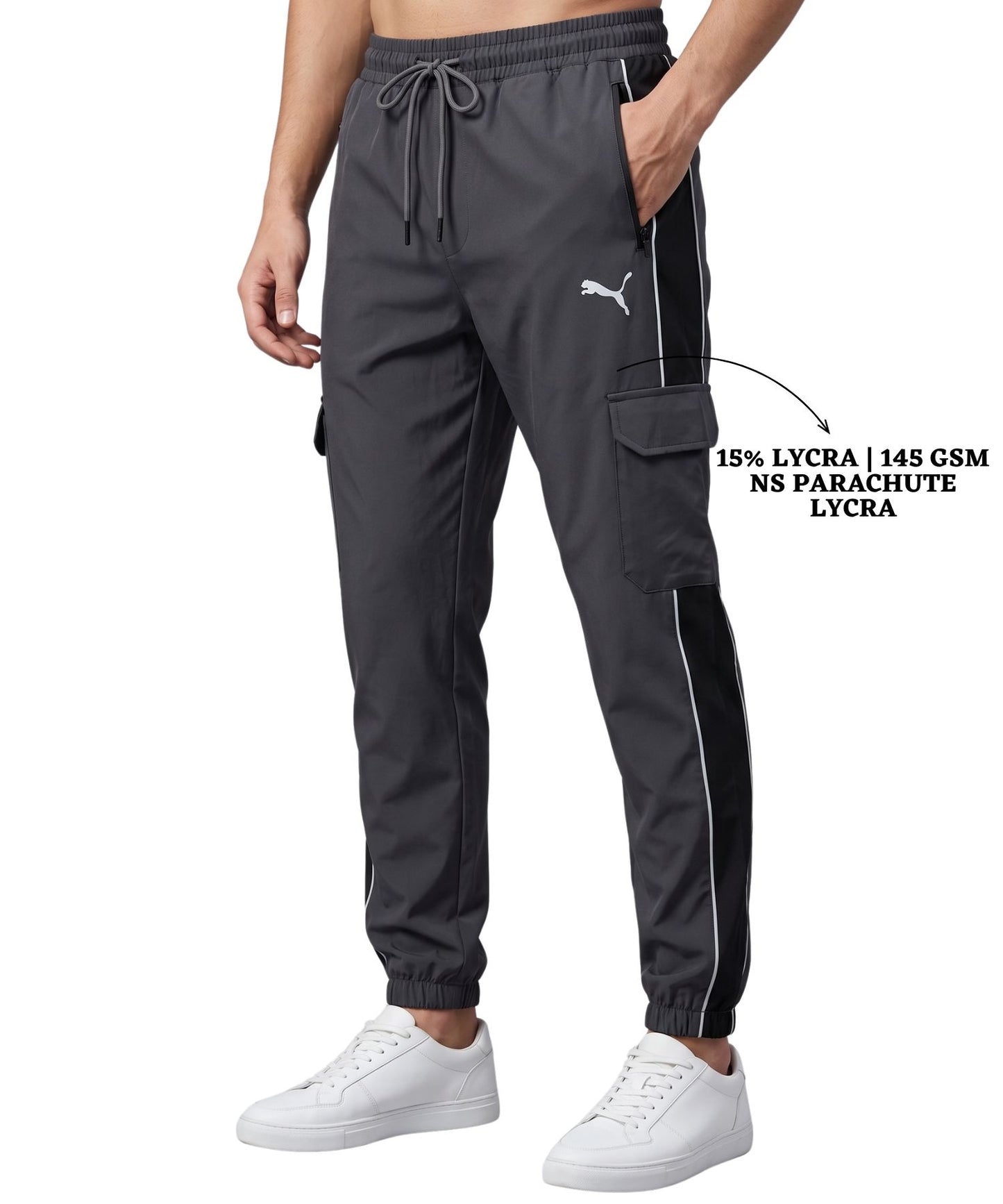 Imported Ns Parachute Lycra TrackPant(15% Lycra 145 GSM)| Side Contrast Panel Piping Design | Ribbed Hem