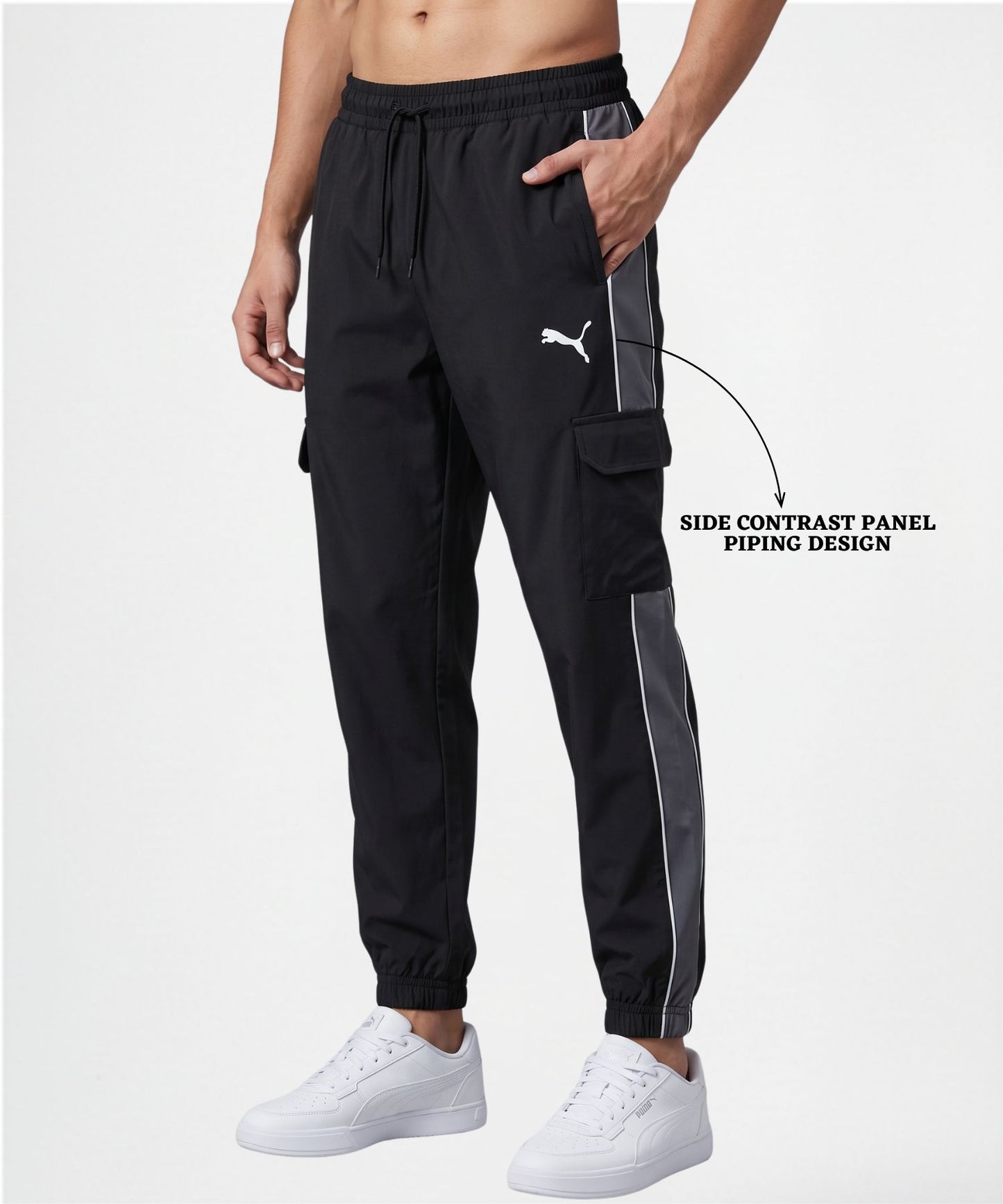 Imported Ns Parachute Lycra TrackPant(15% Lycra 145 GSM)| Side Contrast Panel Piping Design | Ribbed Hem