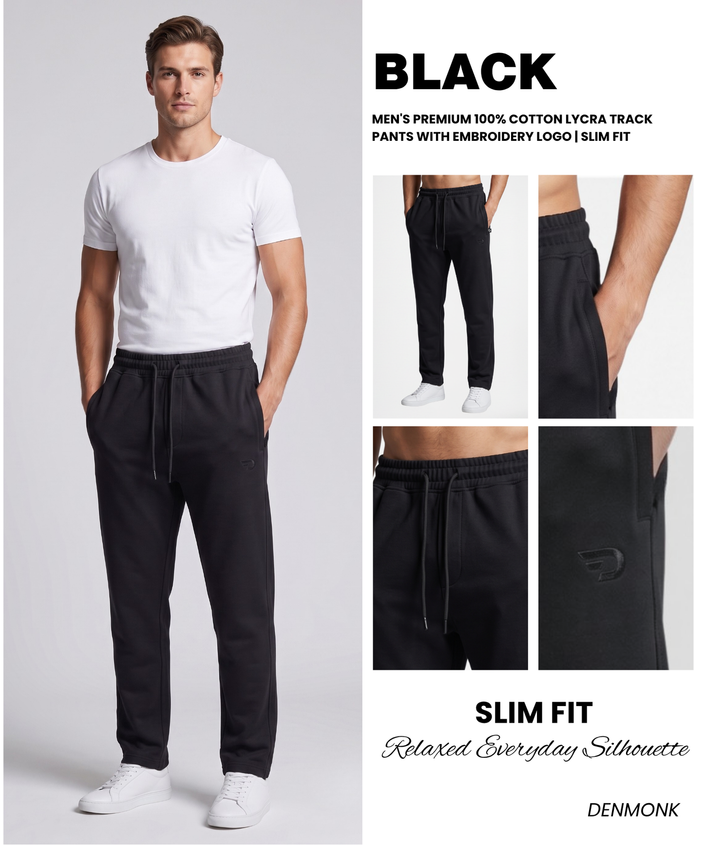Men's Premium 100% Cotton Lycra Track Pants with Embroidery Logo | Slim Fit