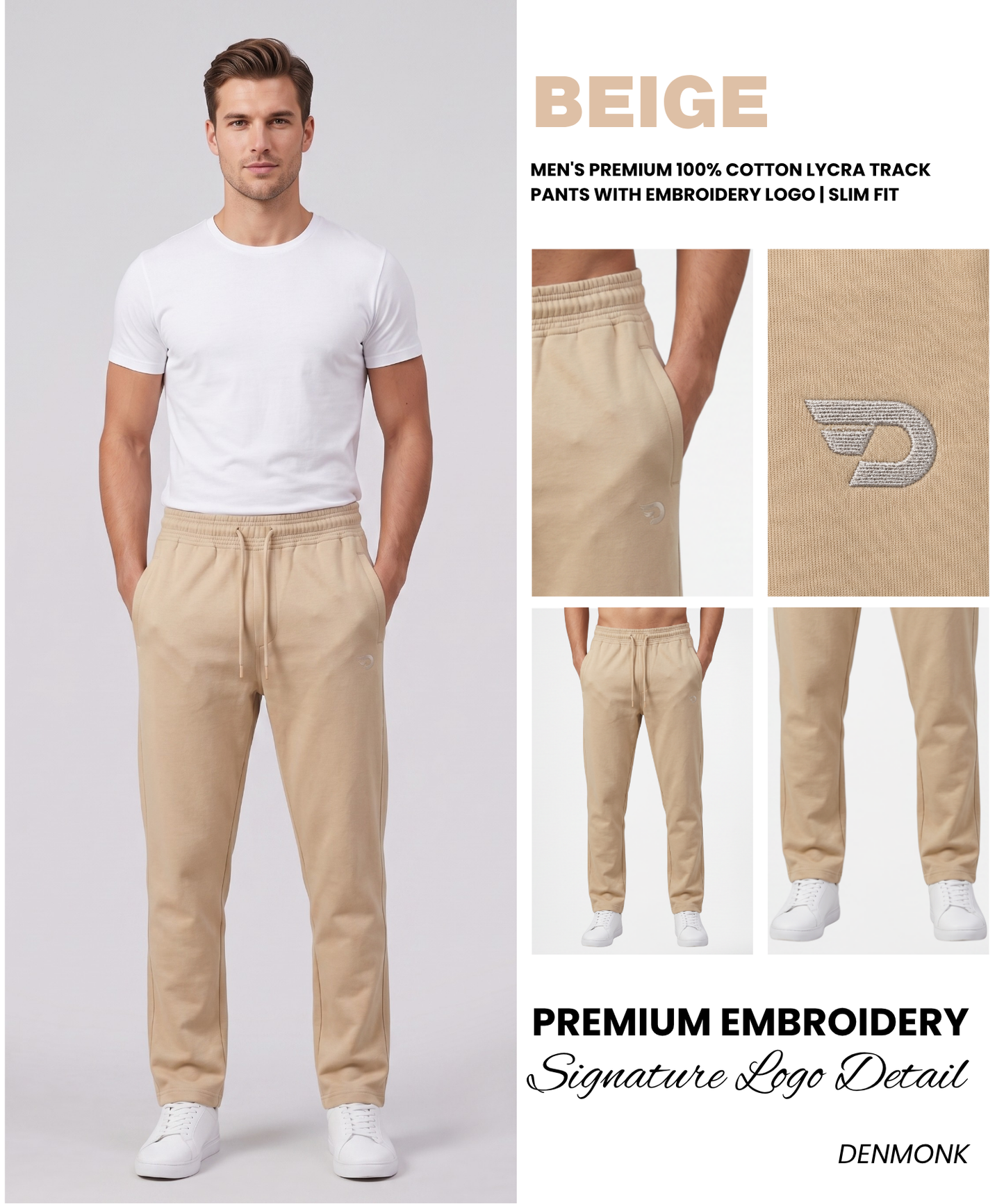 Men's Premium 100% Cotton Lycra Track Pants with Embroidery Logo | Slim Fit