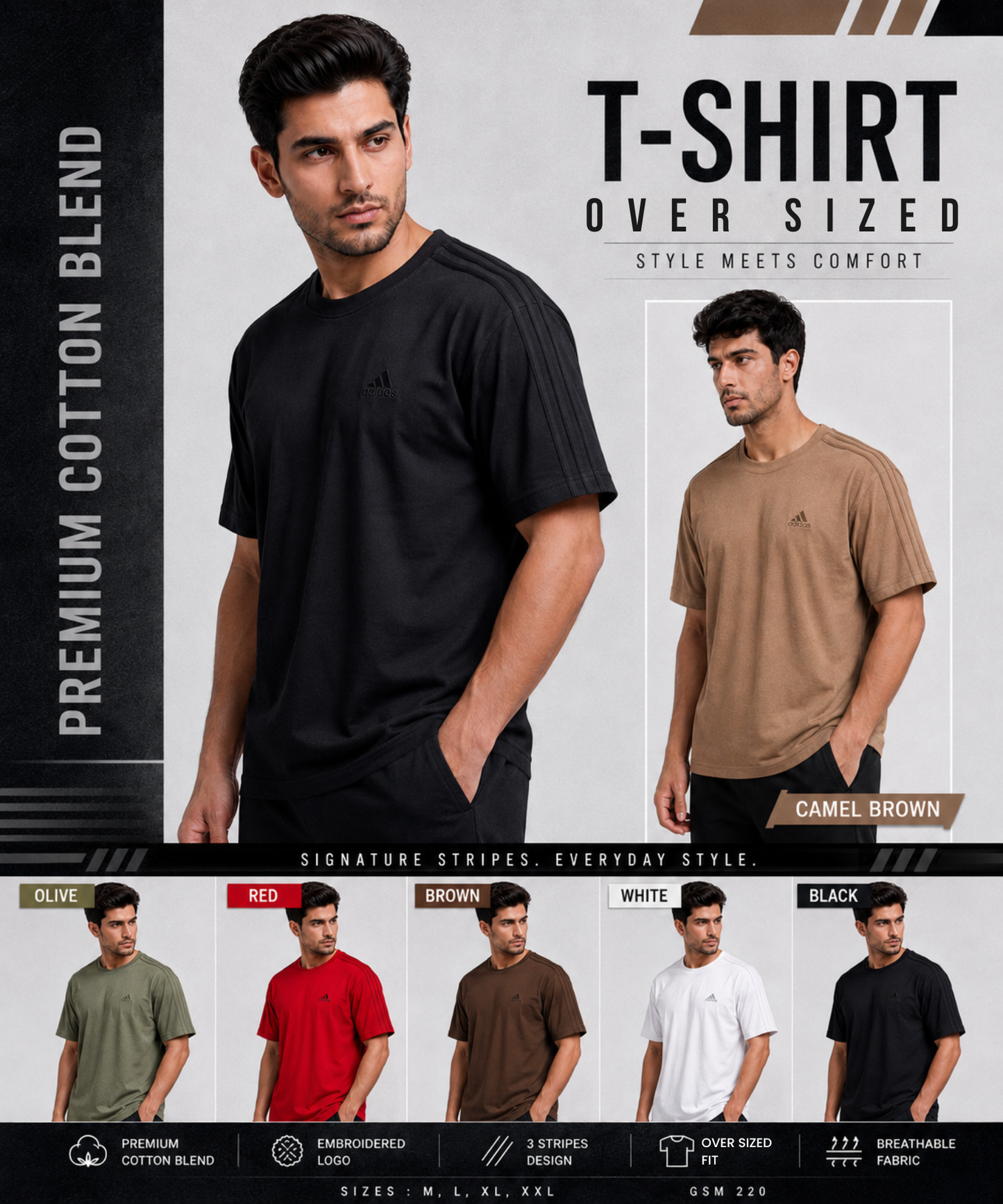 Men’s Premium Cotton Feel Over Sized T-shirts – 220 GSM | 3 Strip Same Colour Design