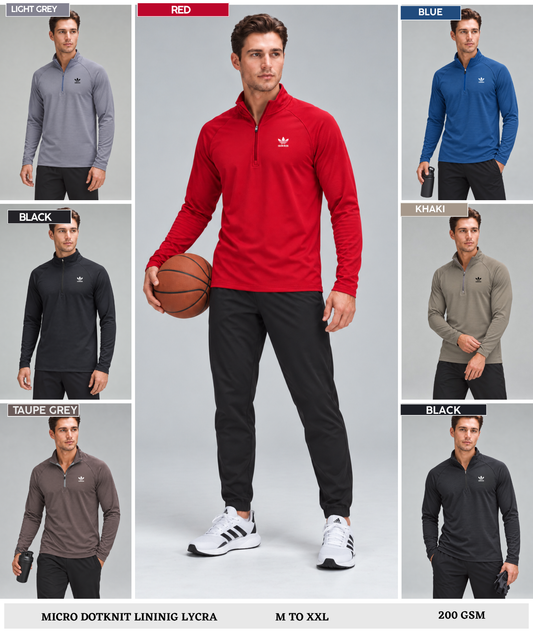 Premium Micro Dotknit Lining Lycra T-shirts with Quater Zipper Full Sleeve| 200 GSM | Slim Fit