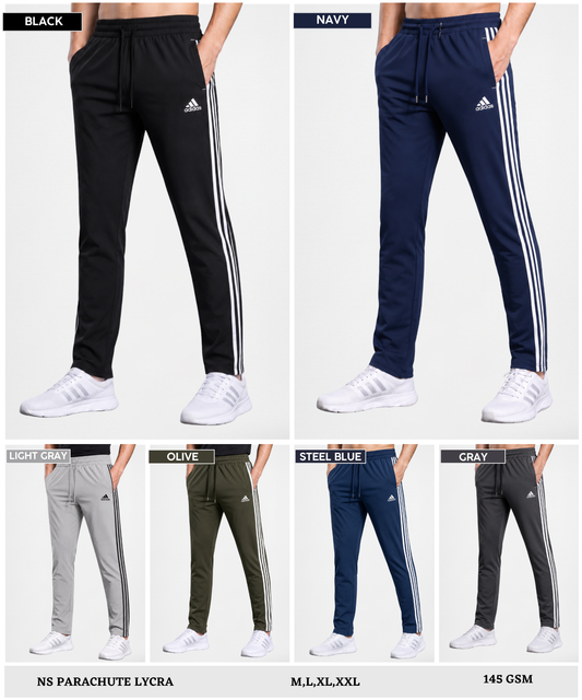 Imported Ns Parachute Lycra Trackpant (15% Lycra 145 GSM)| 3 strip Design