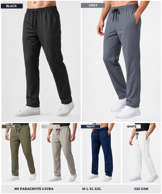 Imported Ns Parachute Lycra TrackPant (30% Lycra 200 GSM)| 3 strip Design