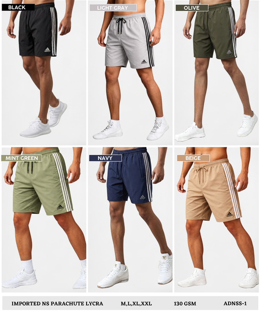 Imported Ns Parachute Lycra Shorts (15% Lycra 130 GSM) | Three Stripe