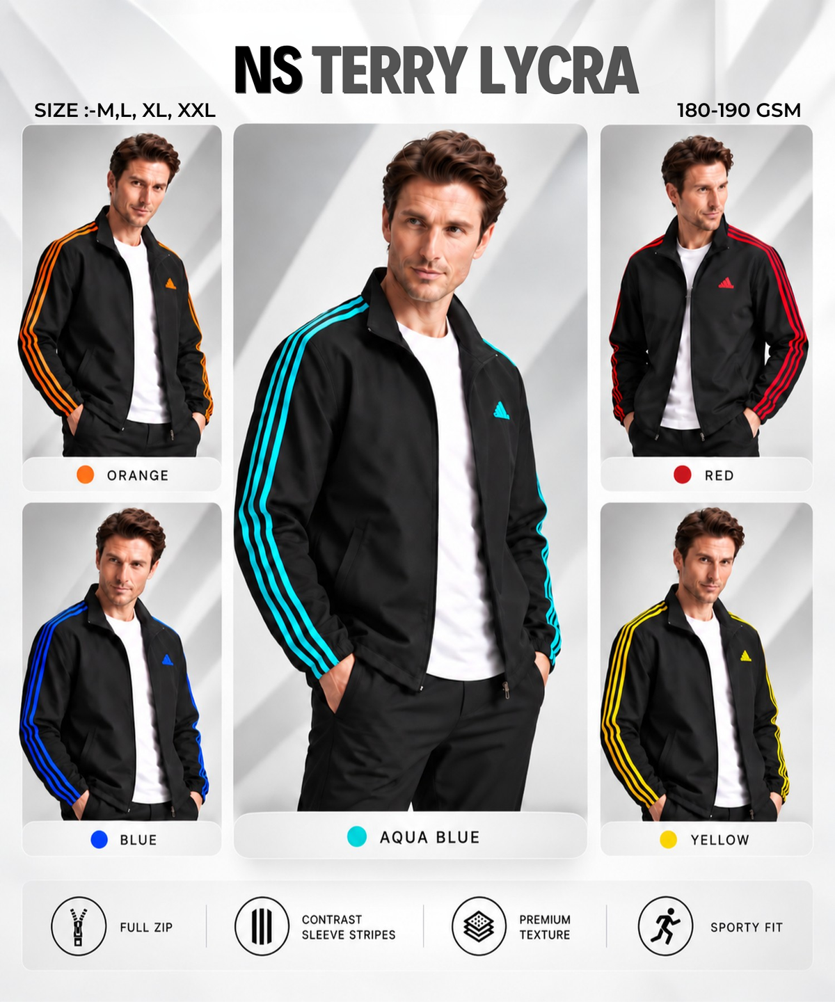 Men’s Premium Imported NS Terry Lycra Sports Jacket | Black Series | Multi-Colour 3-Stripe Design | Inner Lining | 180–190 GSM | Regular Fit