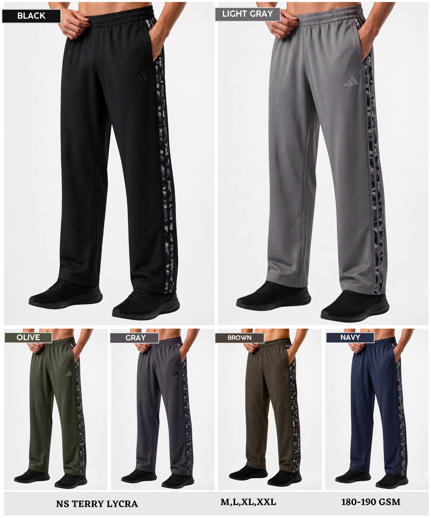 Imported Ns Terry Lycra TrackPant With Camoflauge Three Strip Design | GSM 180-190| Regular Fit