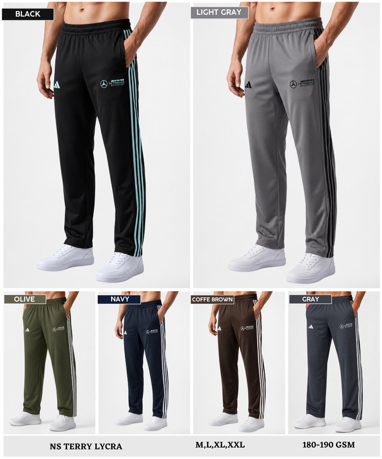 Imported Ns Terry Lycra TrackPant | GSM 180-190 | Regular Fit | Three Strip Design With Dual Embroidery Logo