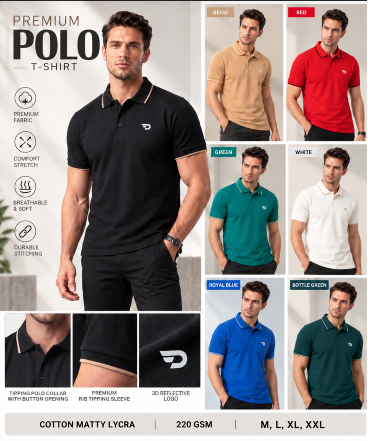 Denmonk Men’s Premium Cotton Matty Lycra Polo T-Shirt with Contrast Tipping & 3D Reflective Logo | 220 GSM | Regular Fit