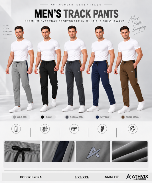 Men's Imported Dobby Lycra Track Pants with Half Color Contrast Side Panel | Athvix Active Wear By Denmonk | GSM 230 | Slim Fit