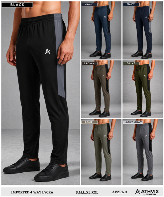 Athvix Activewear 4-Way Lycra Track Pants with Contrast Side Panel (240 GSM) – Stretch Fit & Premium Comfort